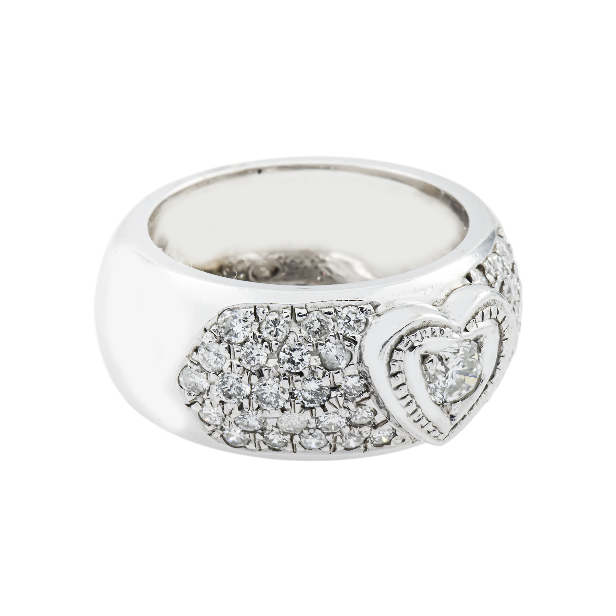 14K White Gold 5 Row Pave Set Heart Shaped Diamond Round Ring 1.14ct