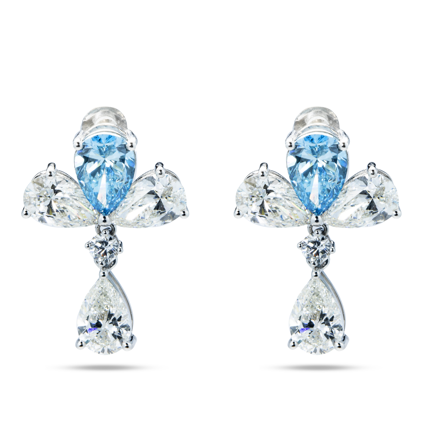 18K White Gold Pear Cut Fancy Vivid Blue Diamond Drop Earrings 9.06ctw