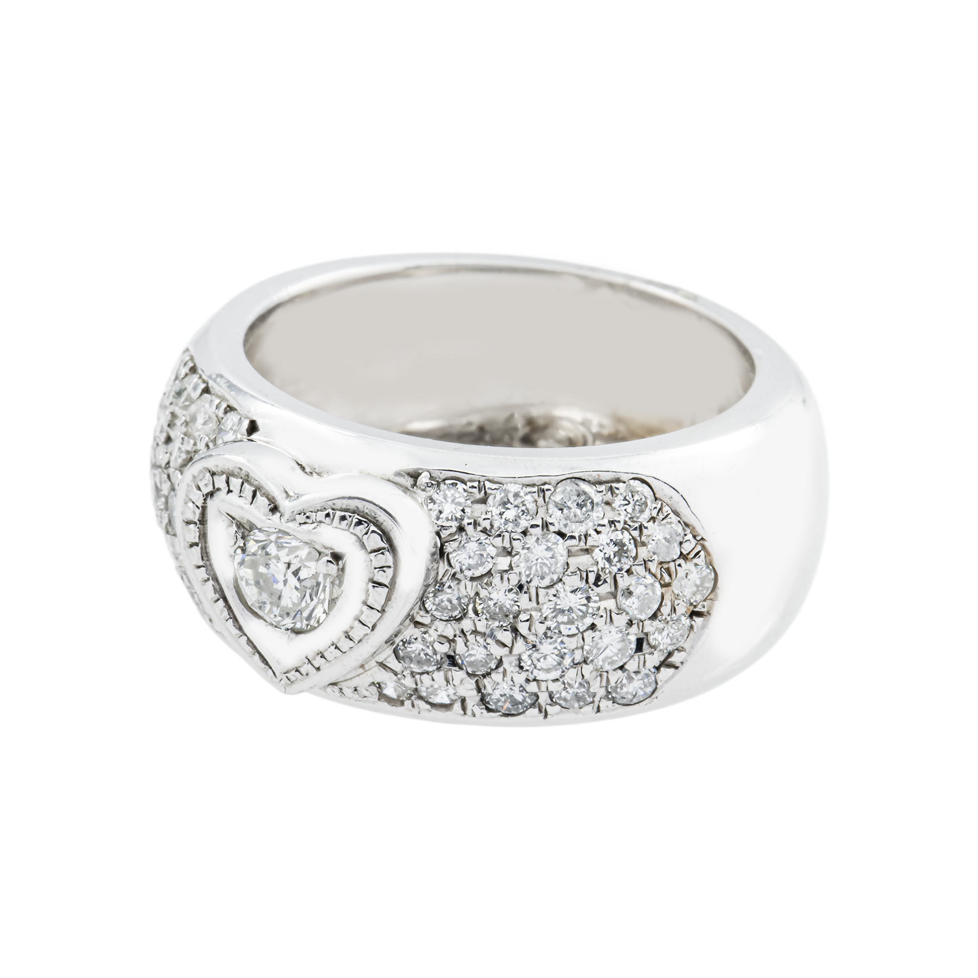 14K White Gold 5 Row Pave Set Heart Shaped Diamond Round Ring 1.14ct