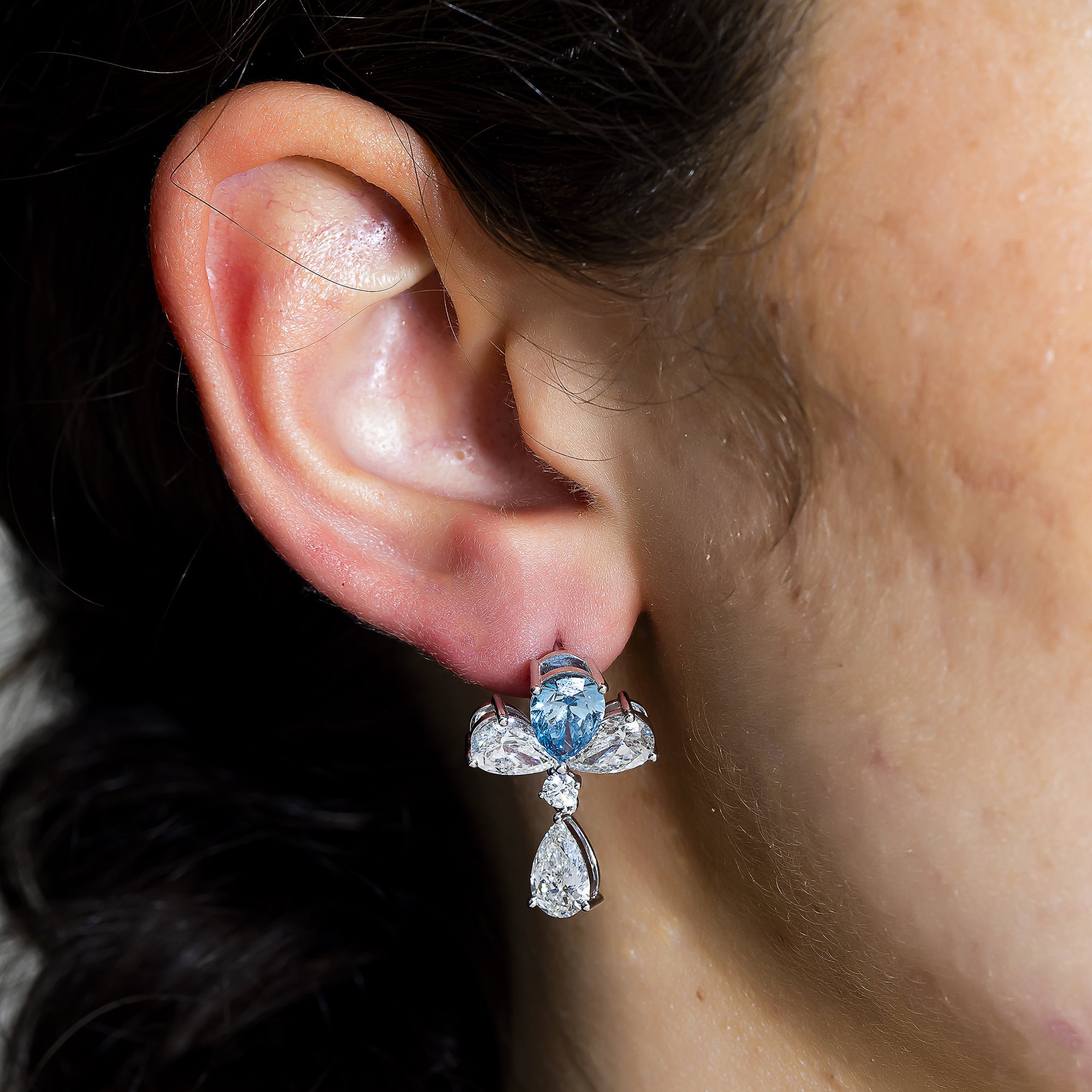 18K White Gold Pear Cut Fancy Vivid Blue Diamond Drop Earrings 9.06Ctw