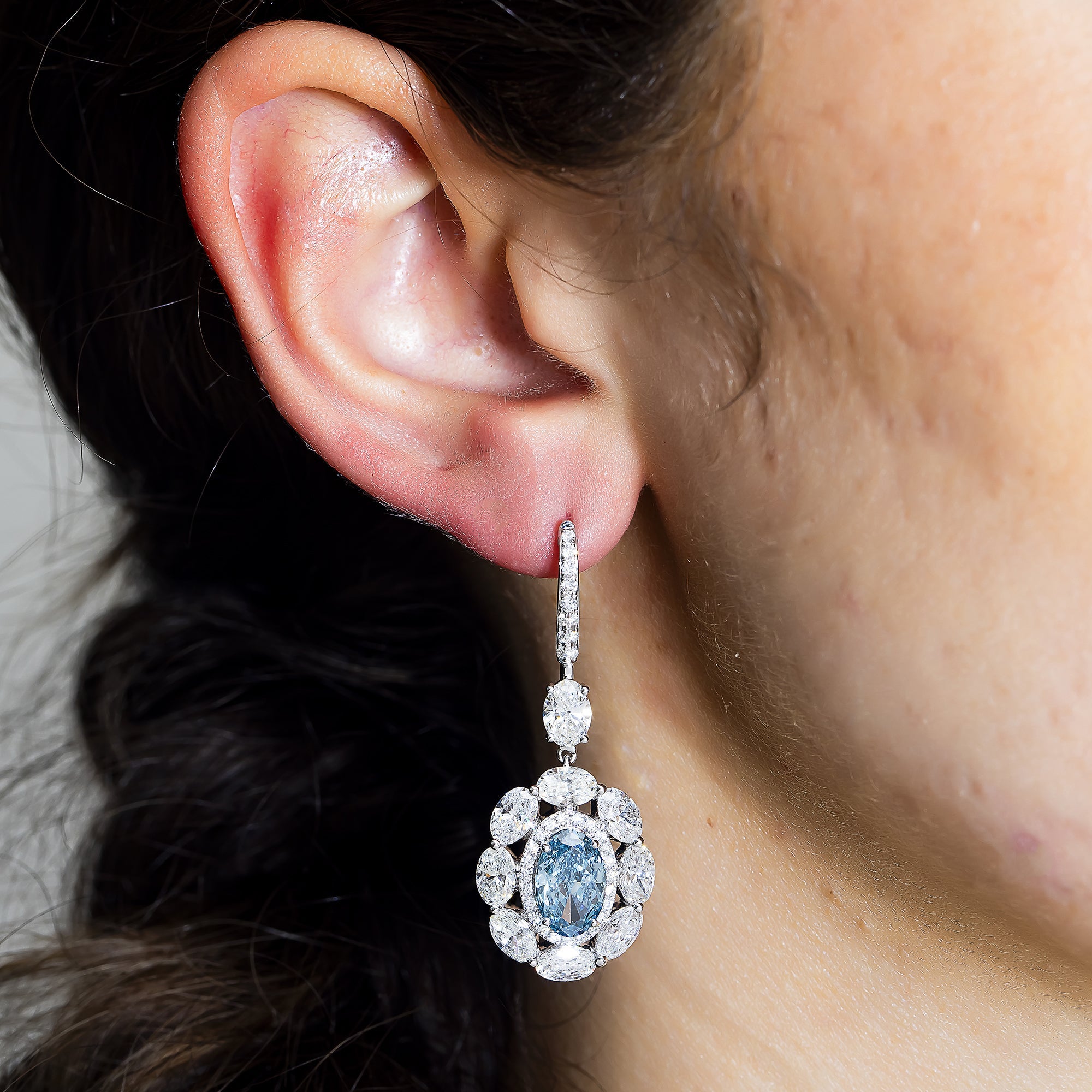 14K White Gold Oval Cut Fancy Vivid Blue Diamond Drop Earrings 12.59Ctw