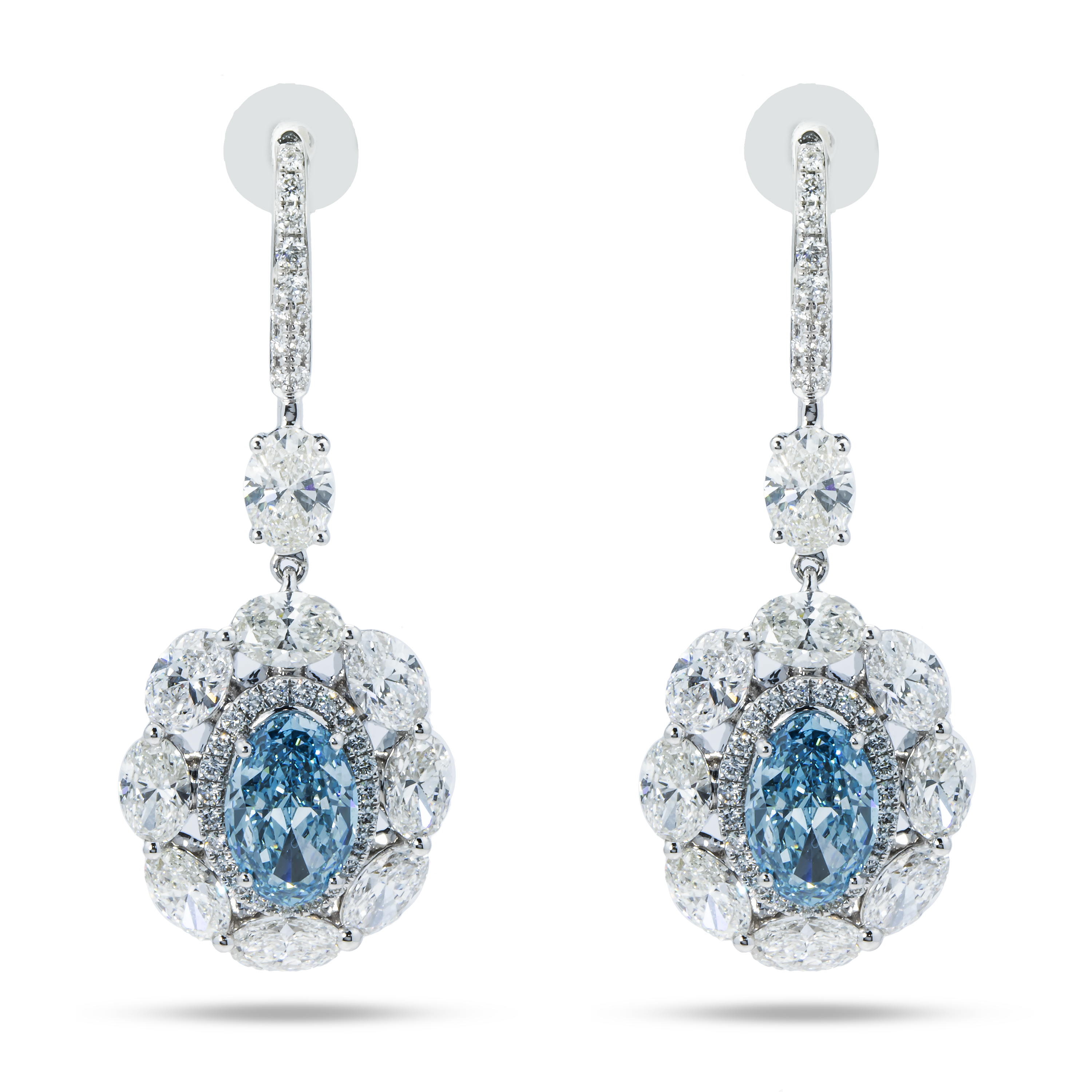 14K White Gold Oval Cut Fancy Vivid Blue Diamond Drop Earrings 12.59Ctw