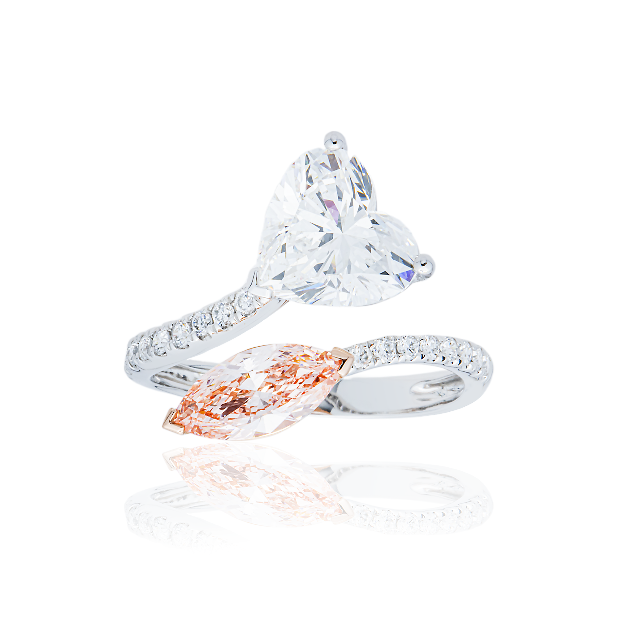 White Gold Marquise Fancy Pink & Heart White Diamond Bypass Wrap Ring 3.61ctw