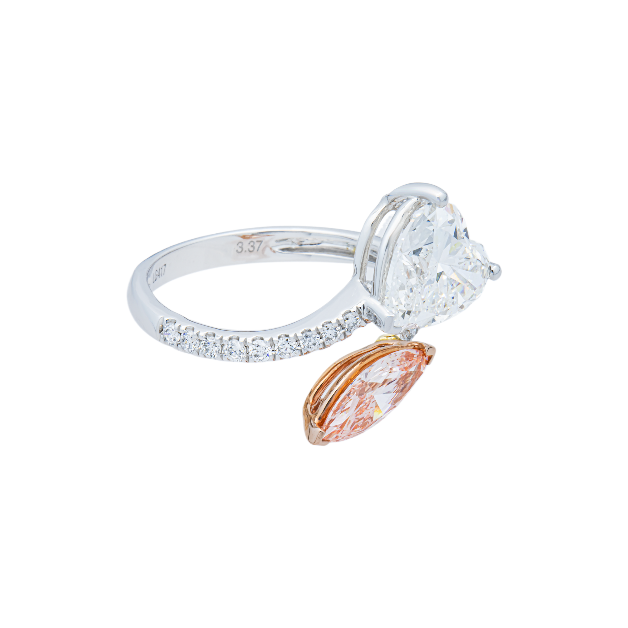 White Gold Marquise Fancy Pink & Heart White Diamond Bypass Wrap Ring 3.61ctw