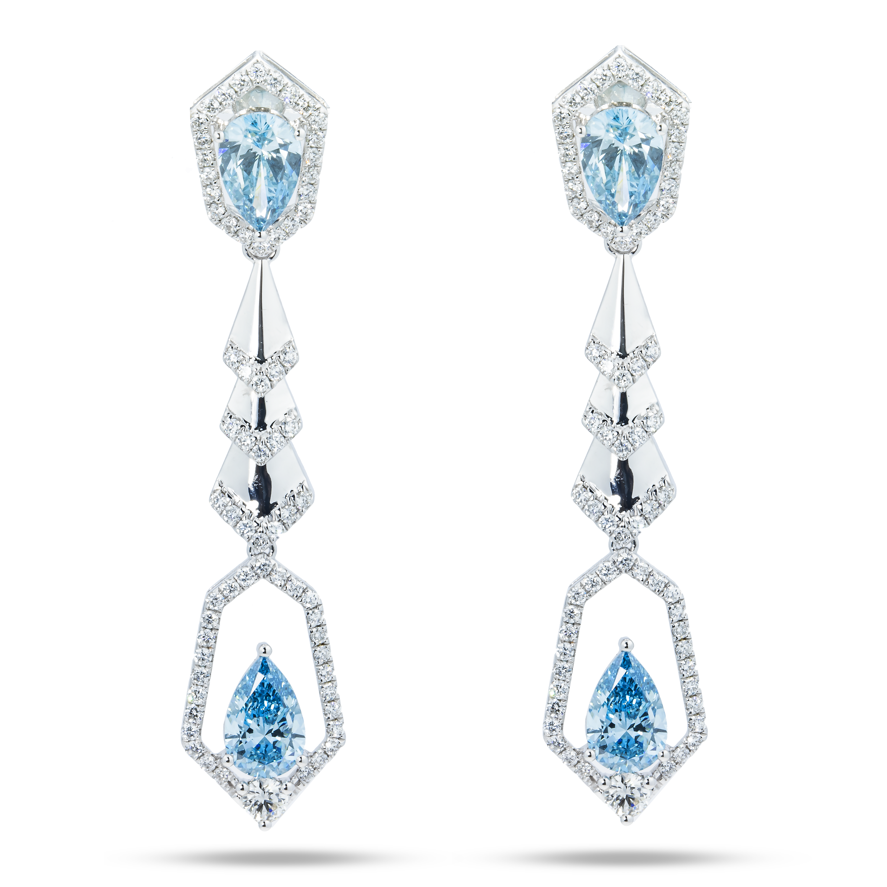 18K White Gold Pear Cut Fancy Vivid Blue Diamond Geometric Drop Earrings 5.59Ctw