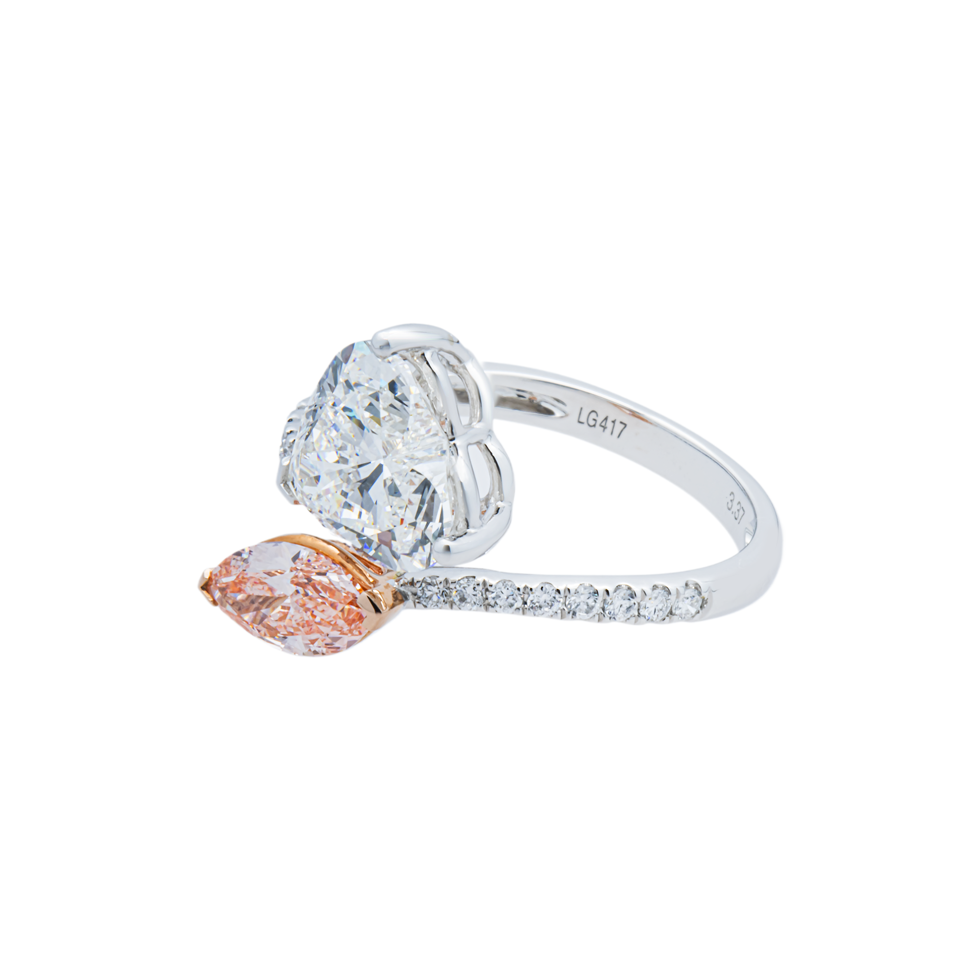 White Gold Marquise Fancy Pink & Heart White Diamond Bypass Wrap Ring 3.61ctw