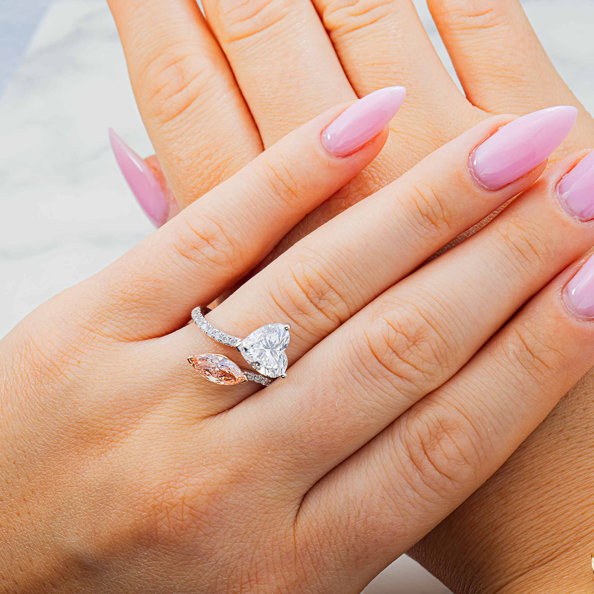 White Gold Marquise Fancy Pink & Heart White Diamond Bypass Wrap Ring 3.61ctw