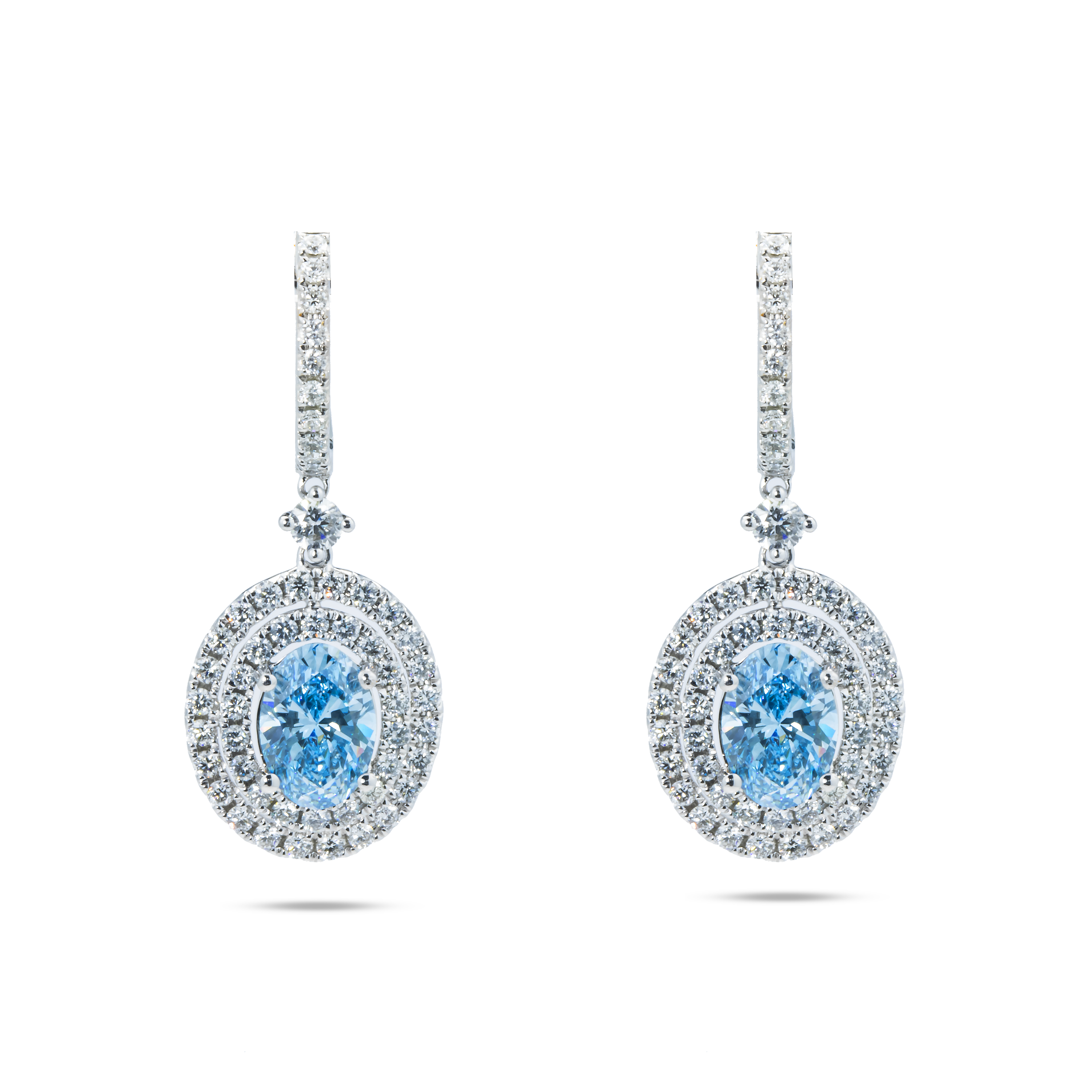 18K White Gold Oval Cut Fancy Vivid Blue Diamond Drop Earrings 3.29Ctw