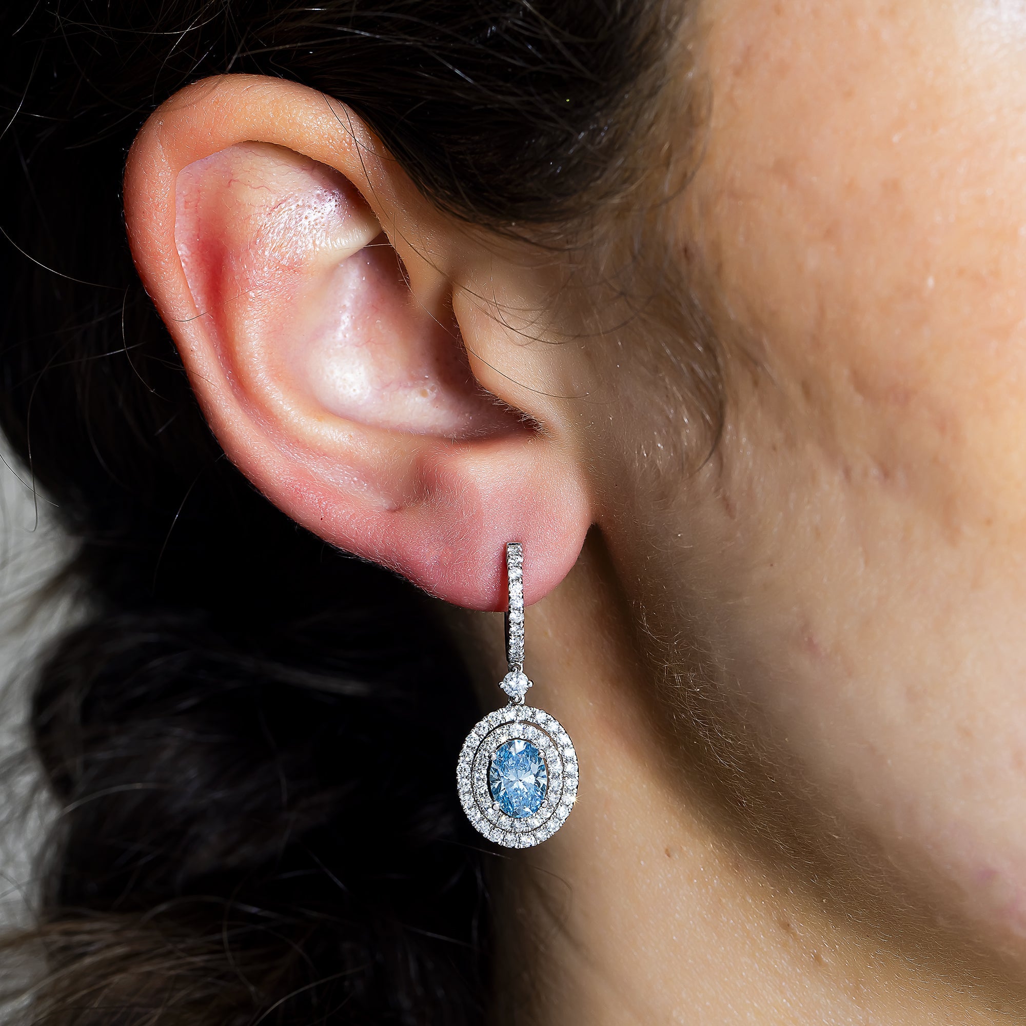 18K White Gold Oval Cut Fancy Vivid Blue Diamond Drop Earrings 3.29Ctw