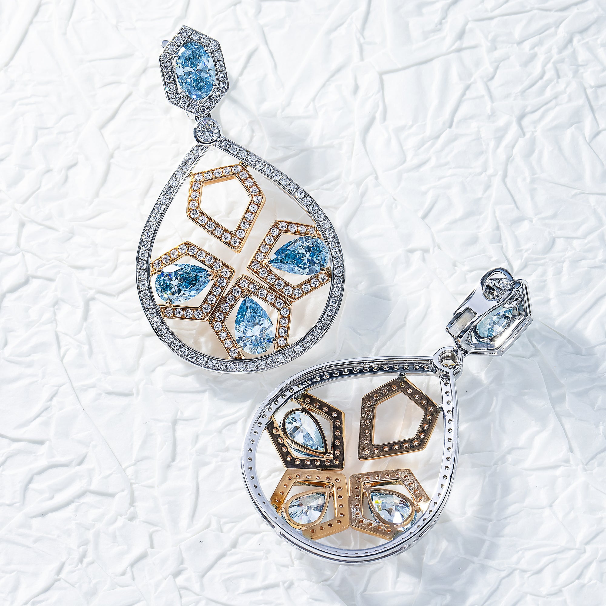 18K Two Tone Blue Diamond Geometric Drop Earrings 11.71Ctw