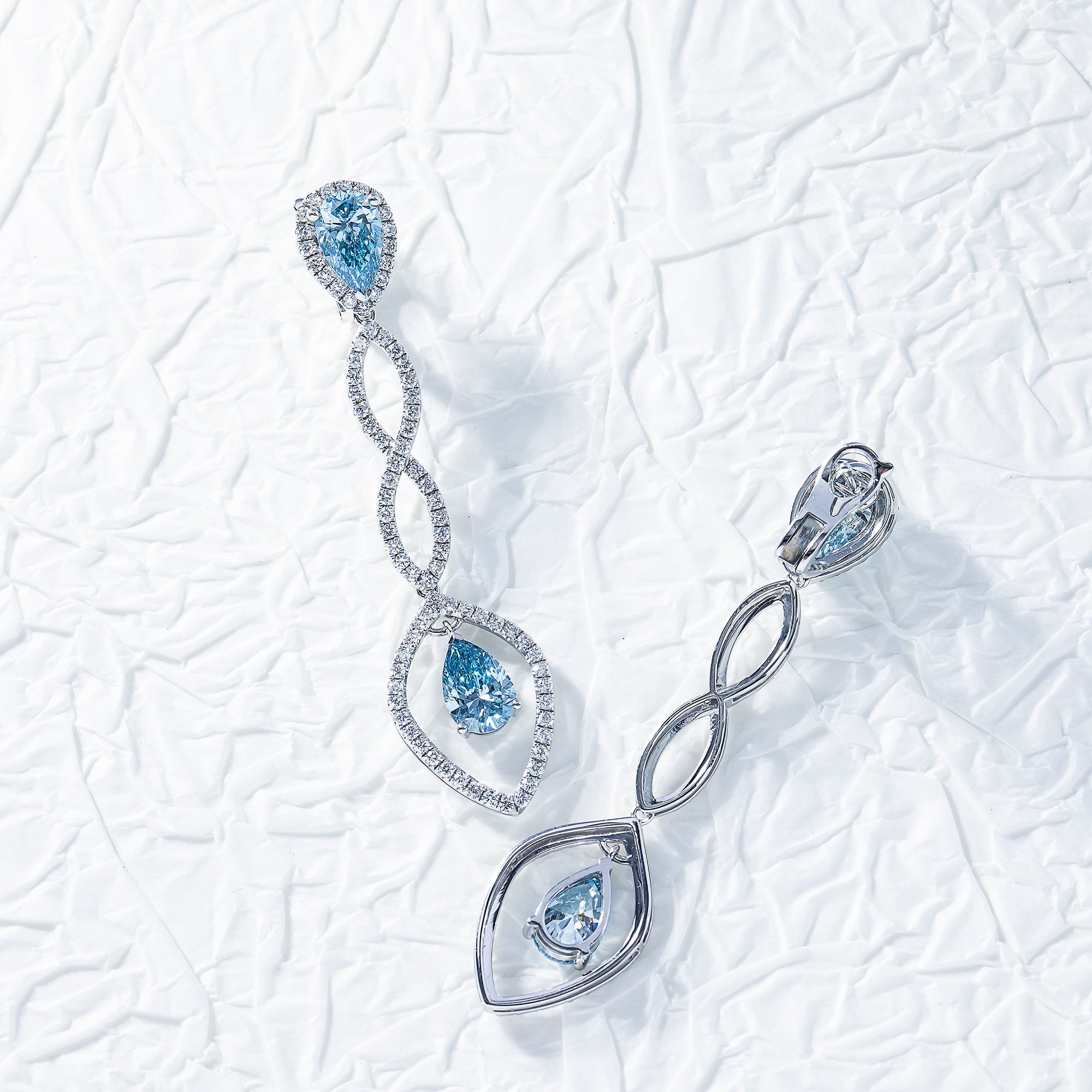 18K White Gold Pear Cut Fancy Vivid Blue Diamond Drop Earrings 5.50Ctw