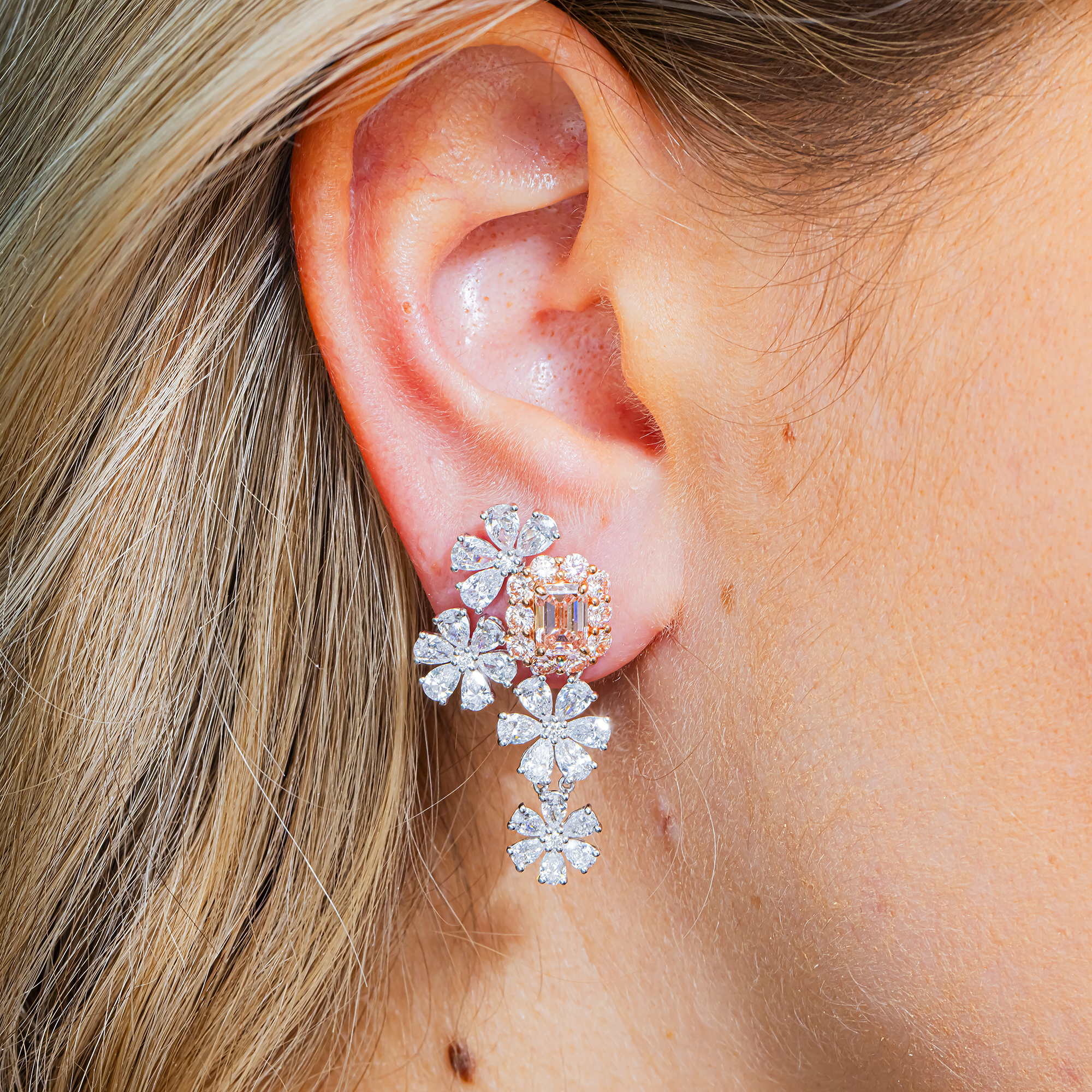 White Gold Multi Shape Fancy Pink & White Diamond Flower Drop Earrings 8.54ctw