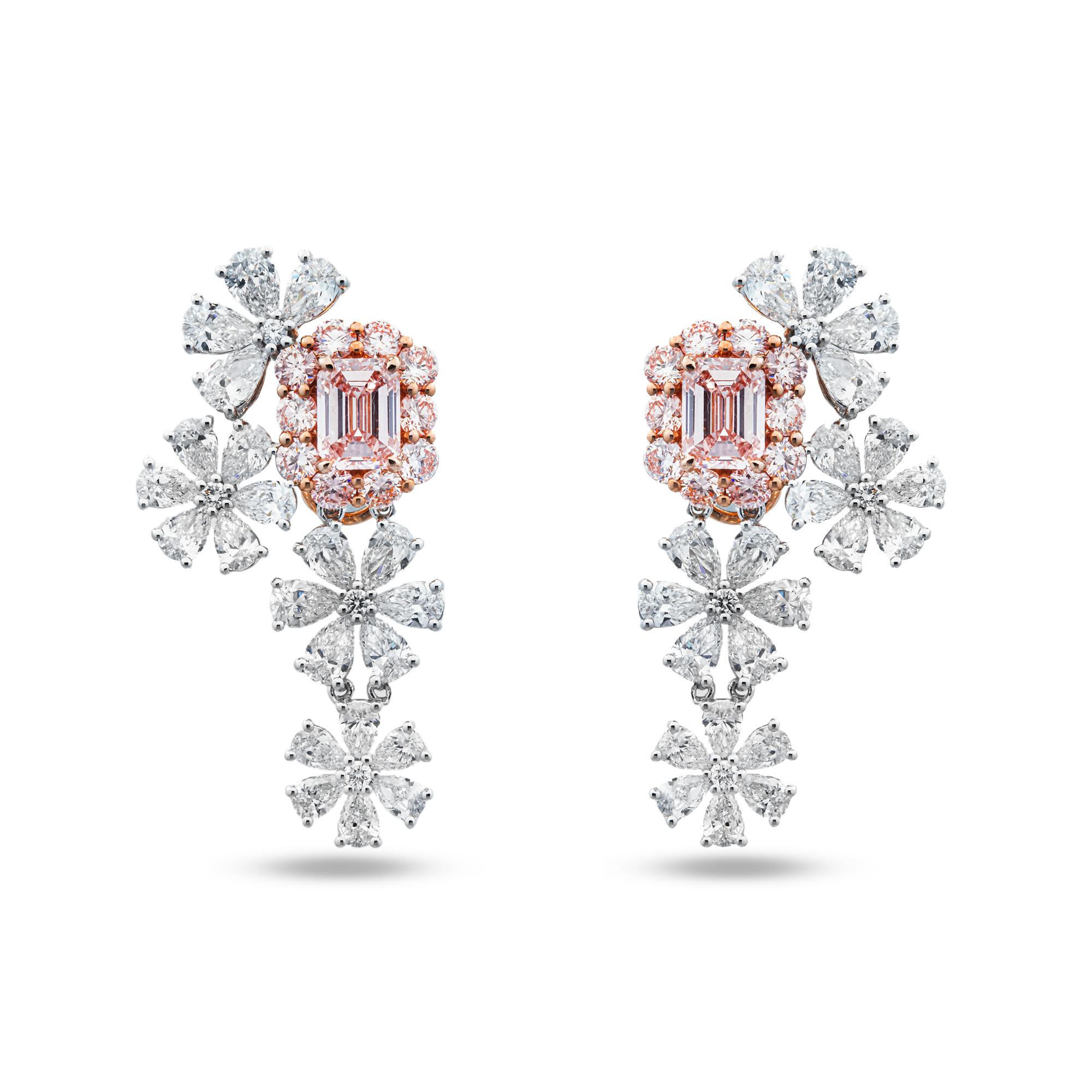 White Gold Multi Shape Fancy Pink & White Diamond Flower Drop Earrings 8.54ctw