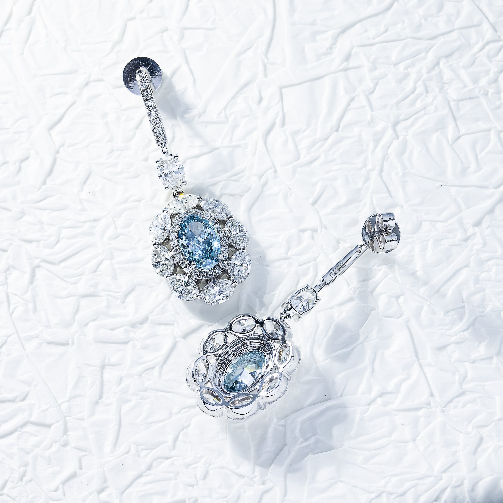 14K White Gold Oval Cut Fancy Vivid Blue Diamond Drop Earrings 12.59Ctw