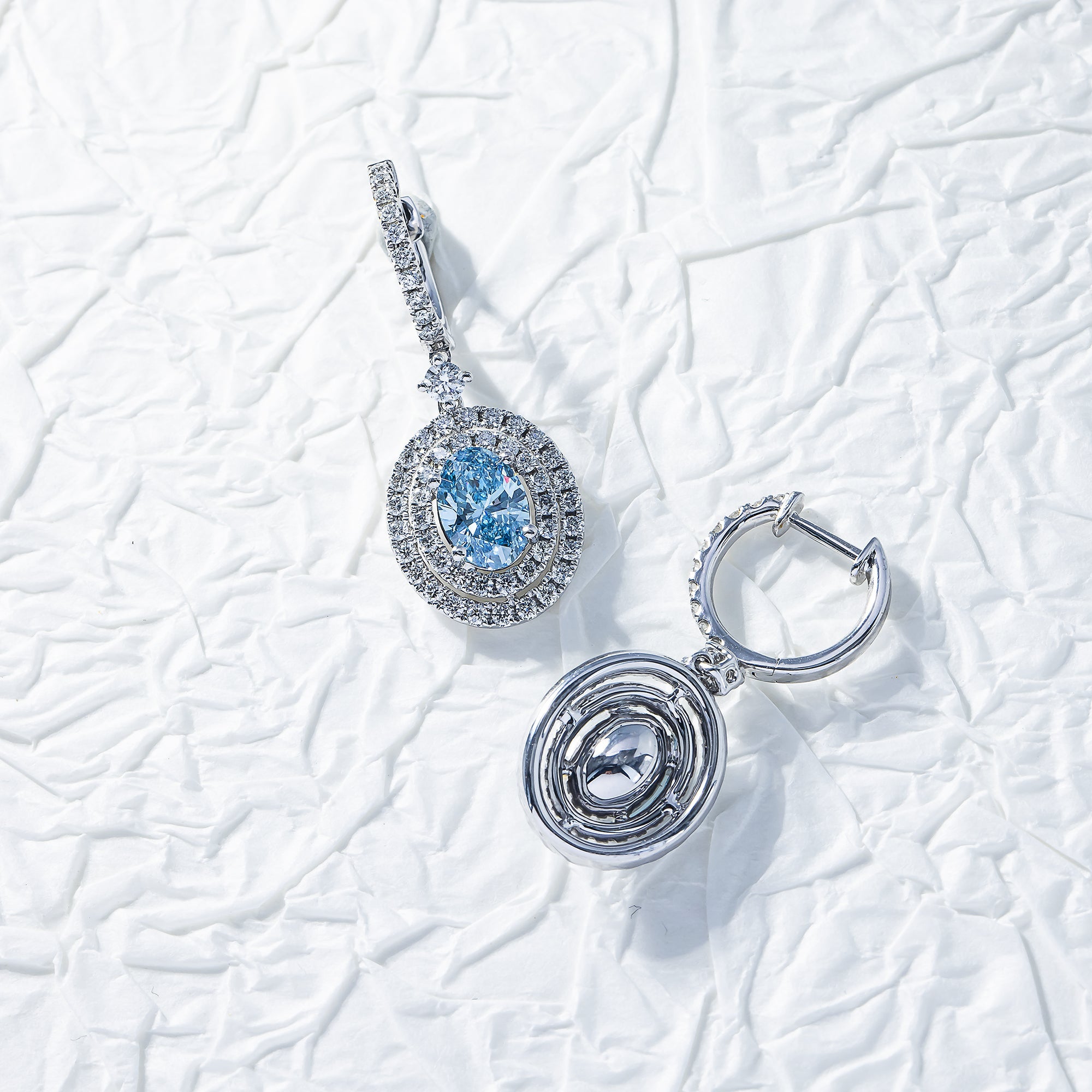 18K White Gold Oval Cut Fancy Vivid Blue Diamond Drop Earrings 3.29Ctw