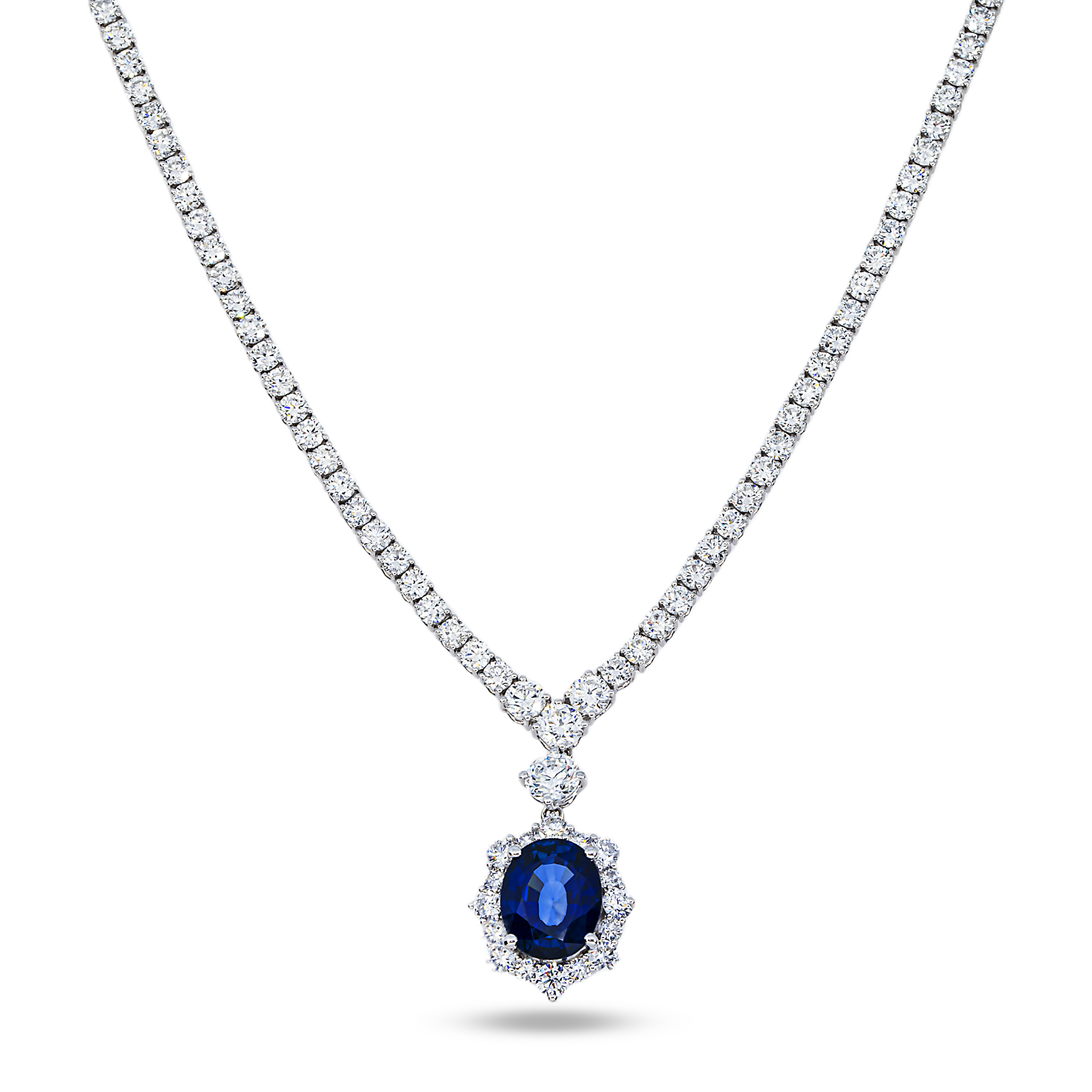 White Gold Oval Sapphire & Round Diamond Necklace 14.67ctw