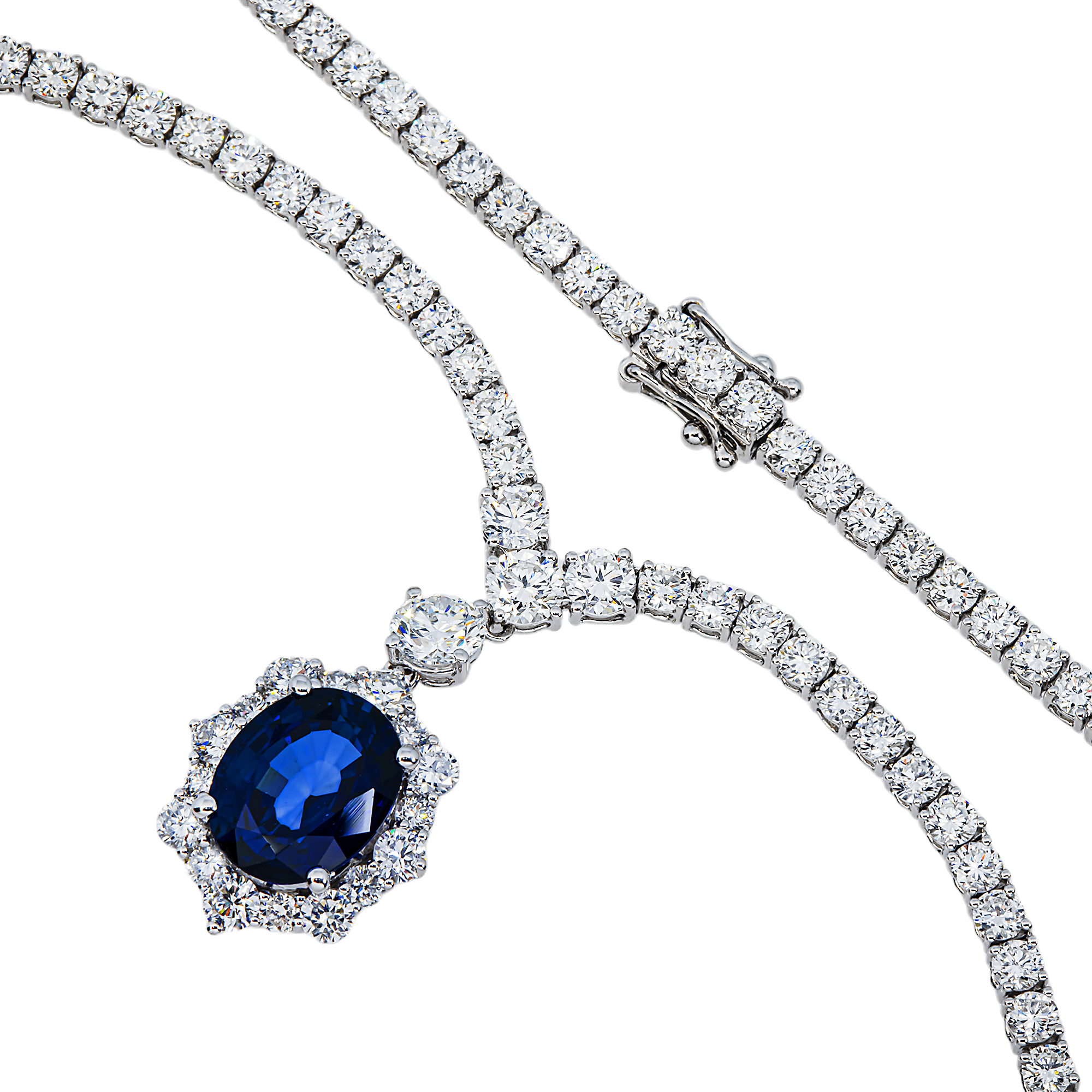 White Gold Oval Sapphire & Round Diamond Necklace 14.67ctw