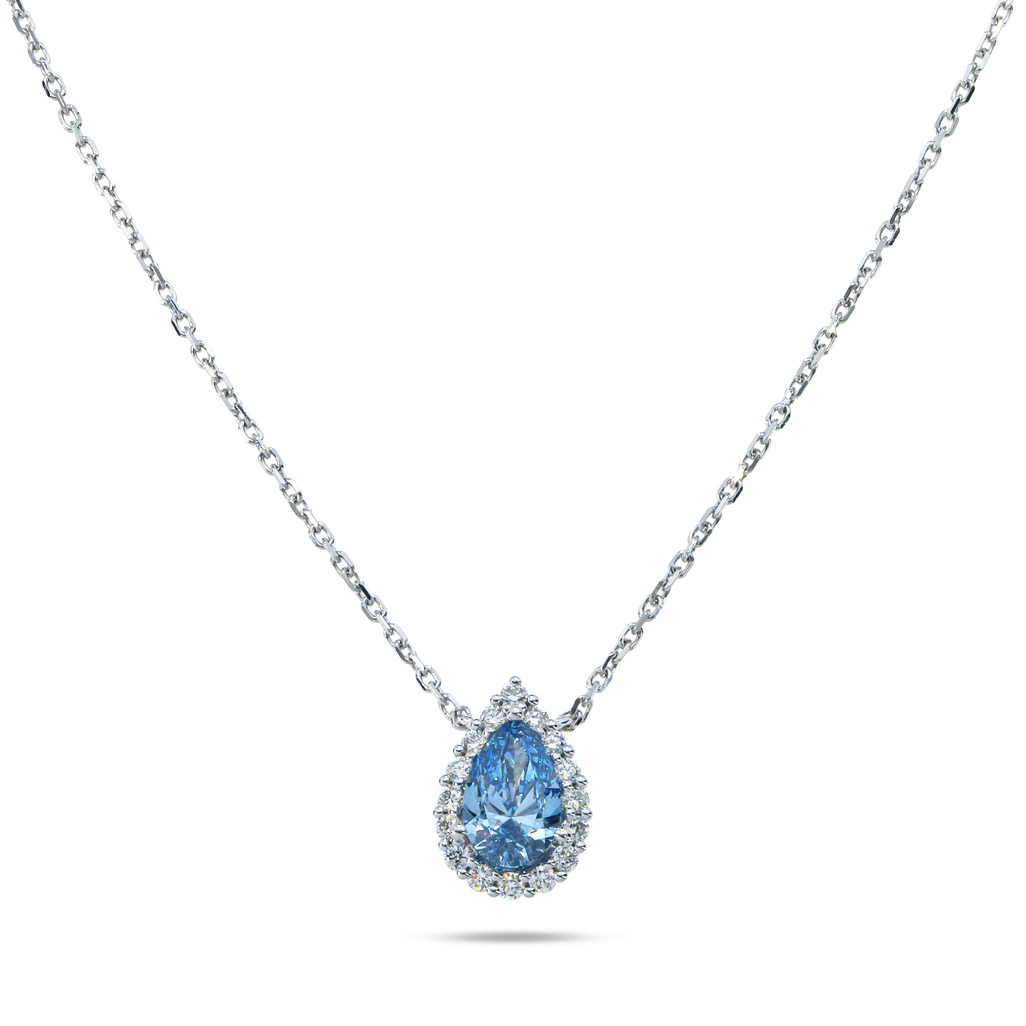 18K White Gold Pear Cut Fancy Vivid Blue Diamond Mini Pendant Necklace 1.30Ctw Necklace
