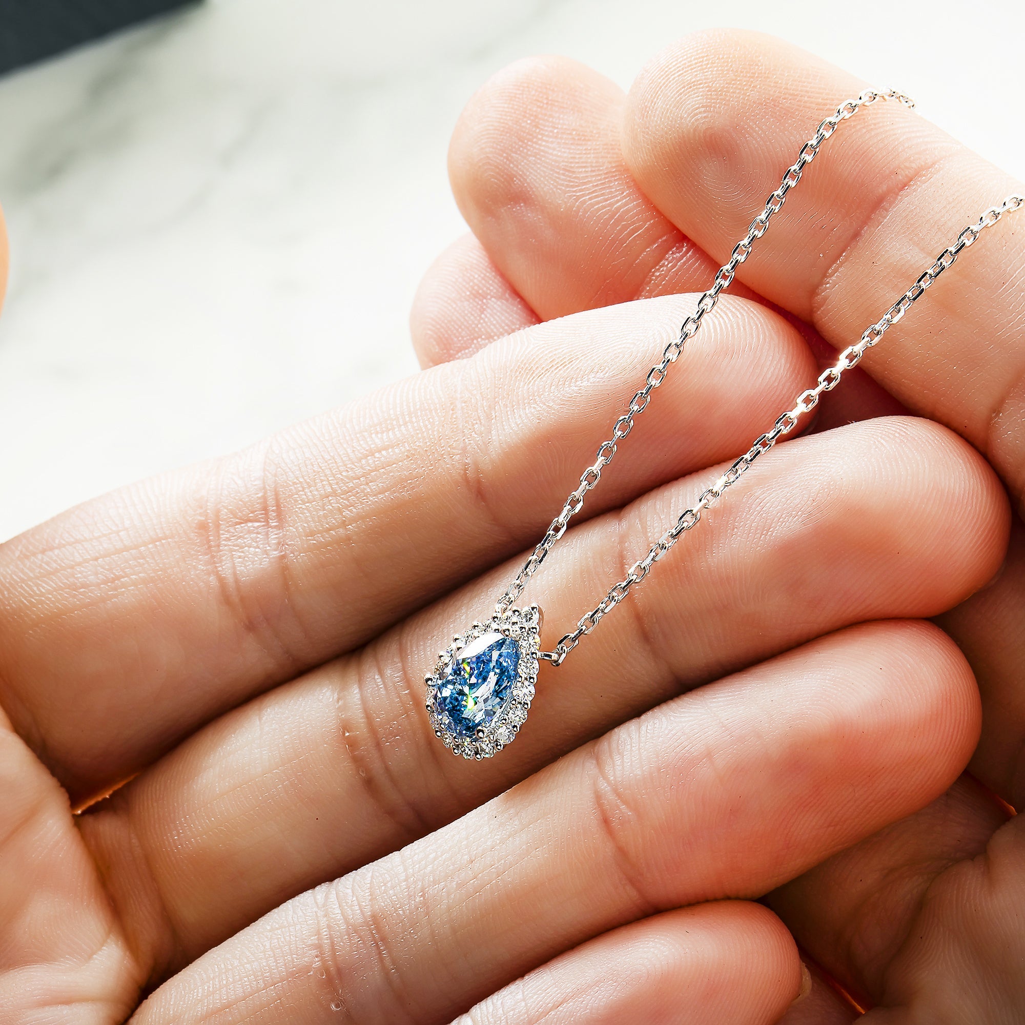 18K White Gold Pear Cut Fancy Vivid Blue Diamond Mini Pendant Necklace 1.30Ctw Necklace