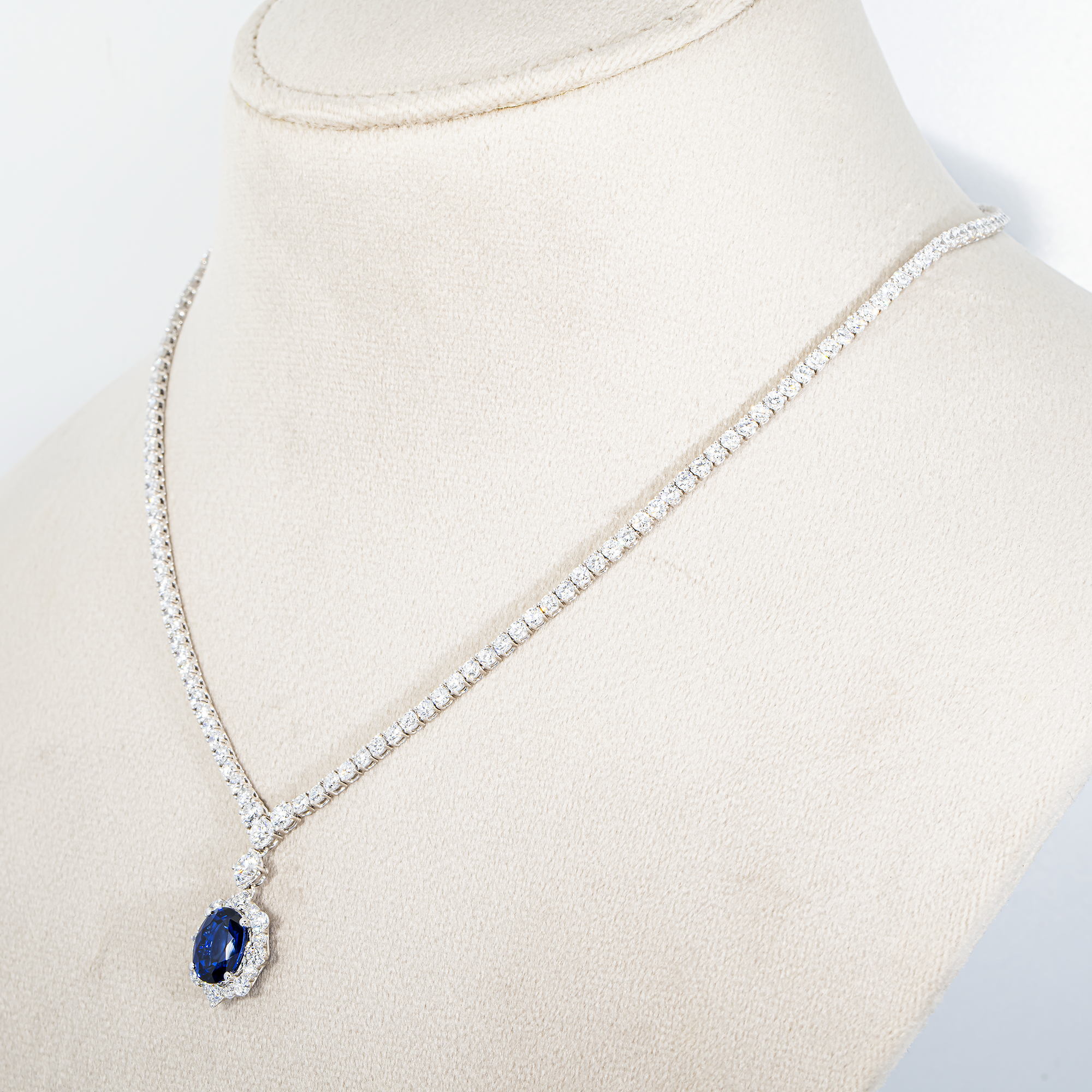 White Gold Oval Sapphire & Round Diamond Necklace 14.67ctw