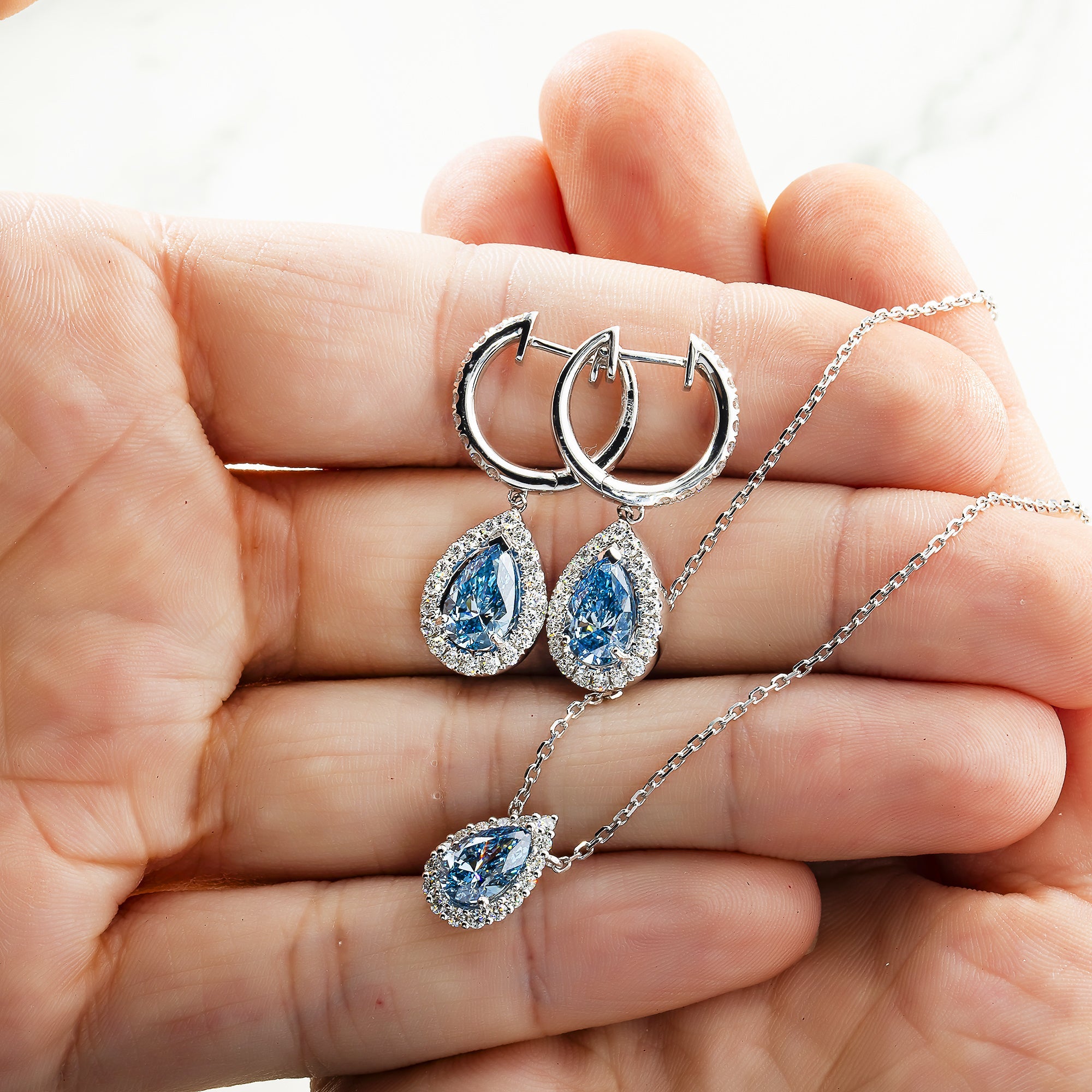 18K White Gold Pear Cut Fancy Vivid Blue Diamond Mini Pendant Necklace 1.30Ctw Necklace