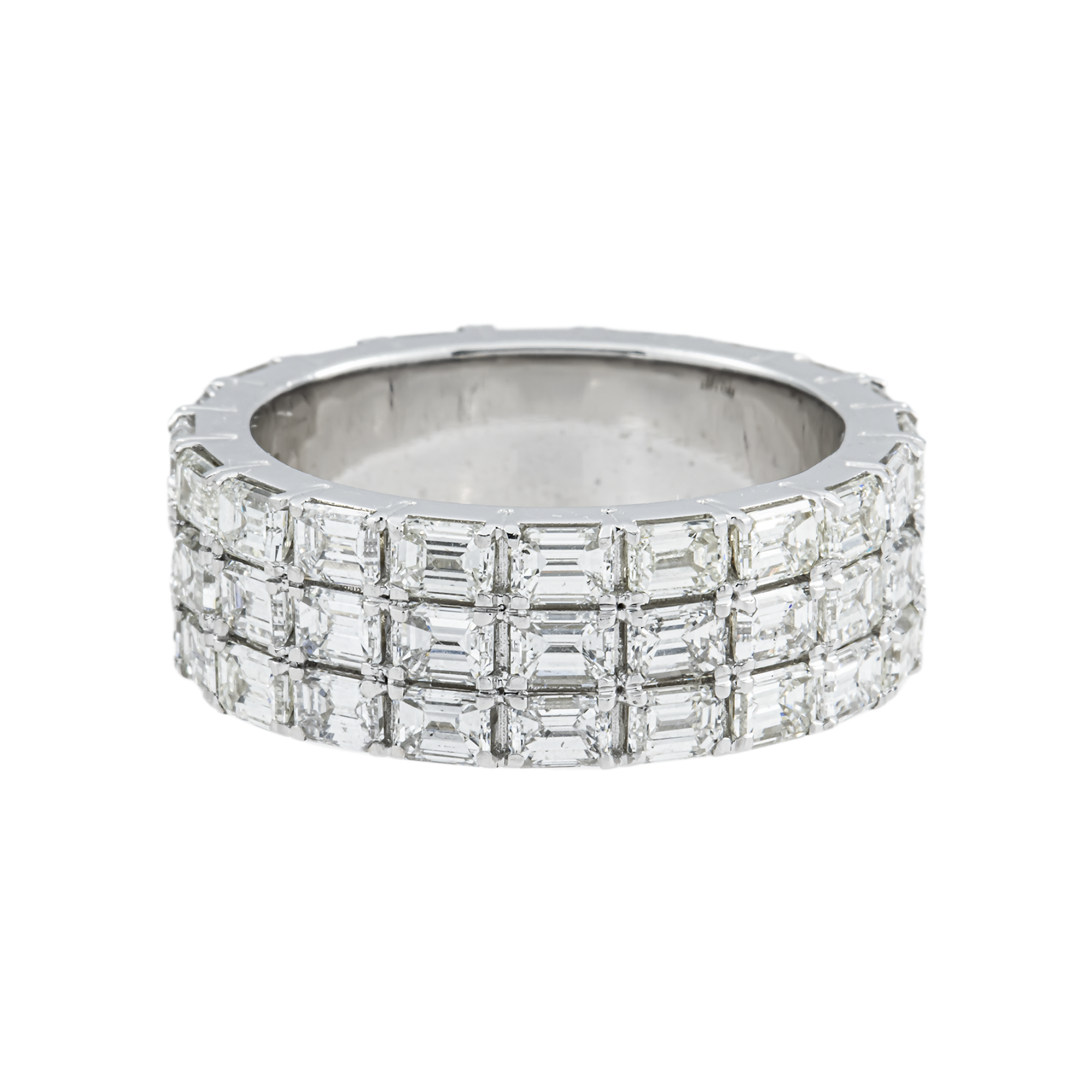 14K White Gold Triple Row Emerald Cut Diamond Eternity Ring 8.61ct (size 9.25)
