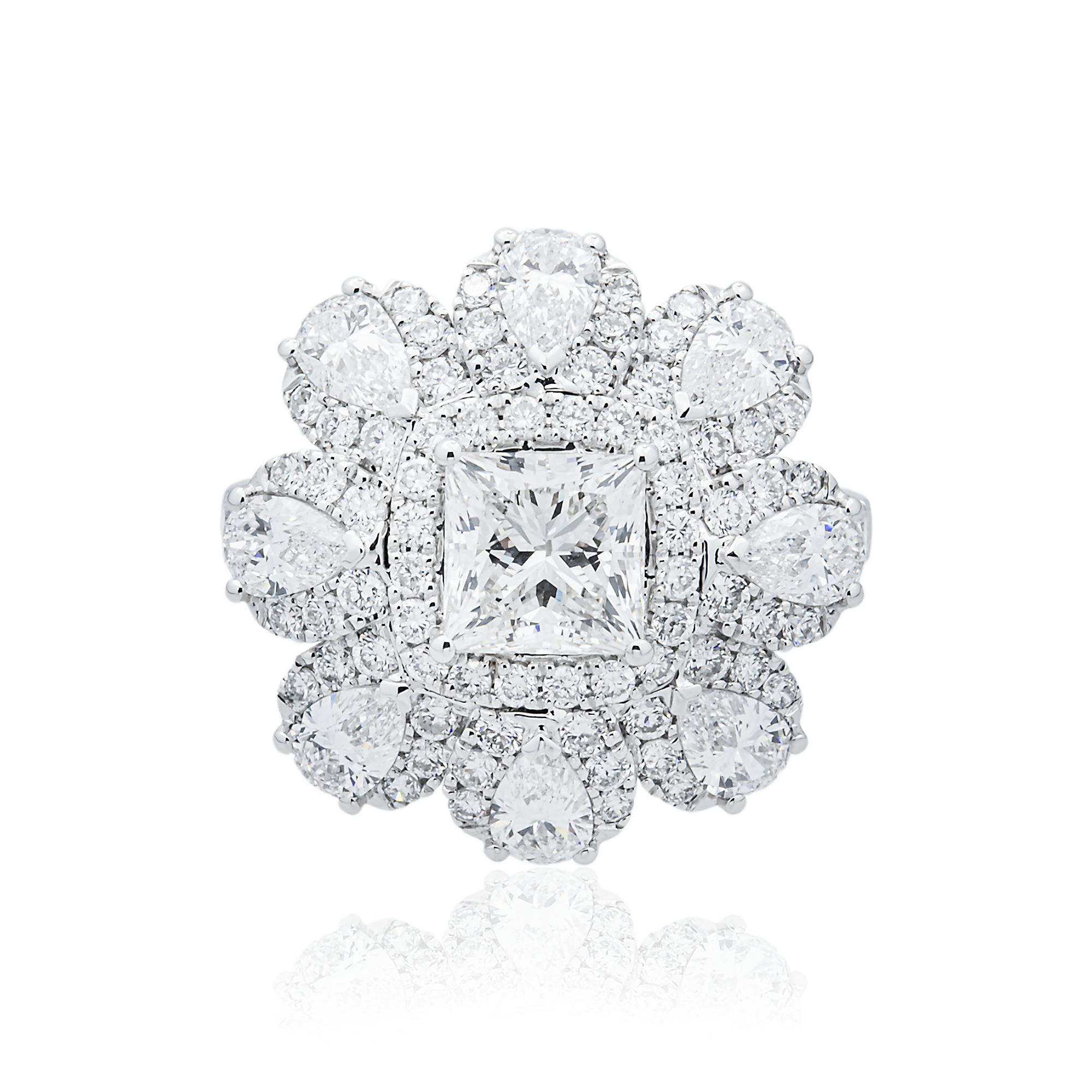 White Gold 1.46ct Cushion Diamond Flower Ring 3.94ctw