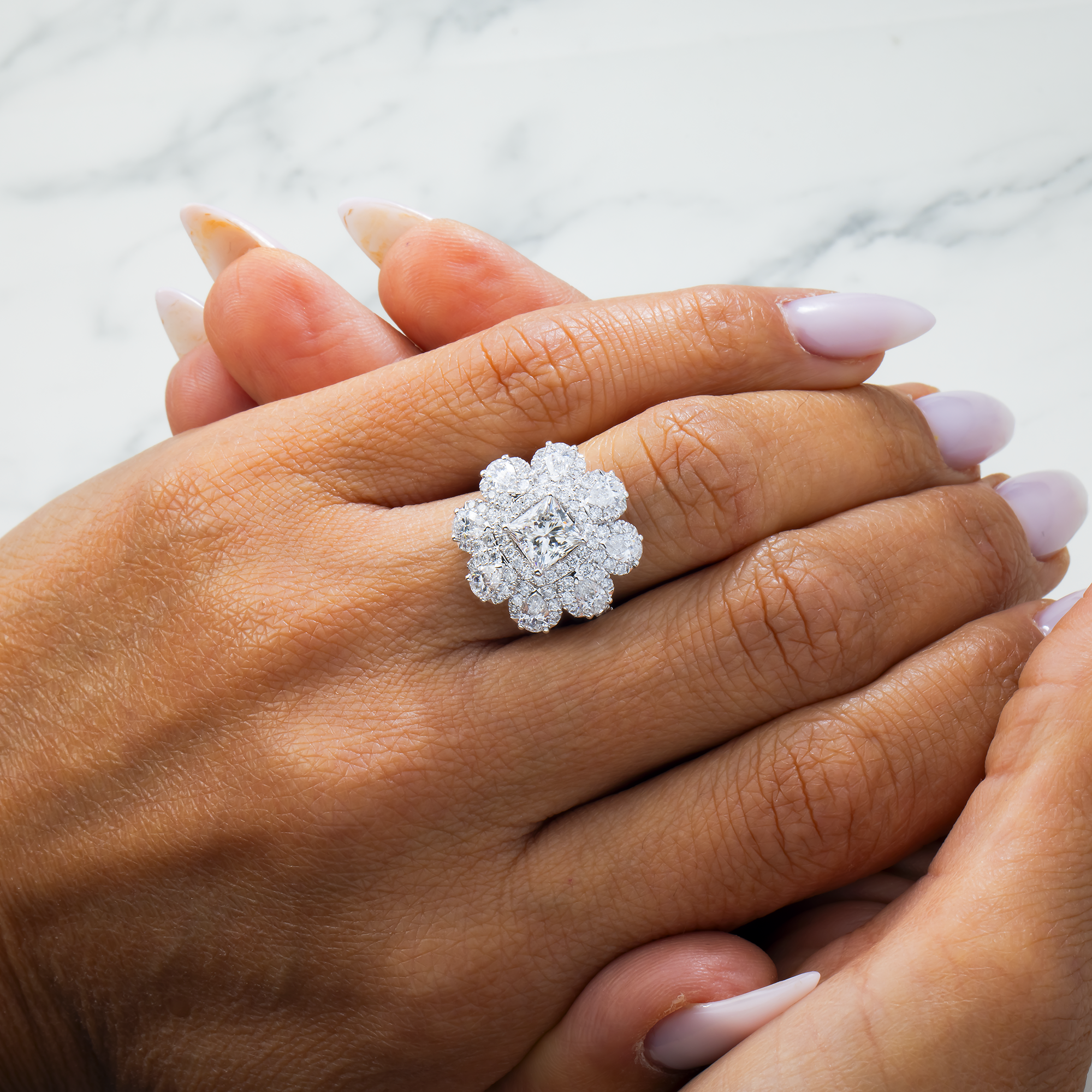 White Gold 1.46ct Cushion Diamond Flower Ring 3.94ctw