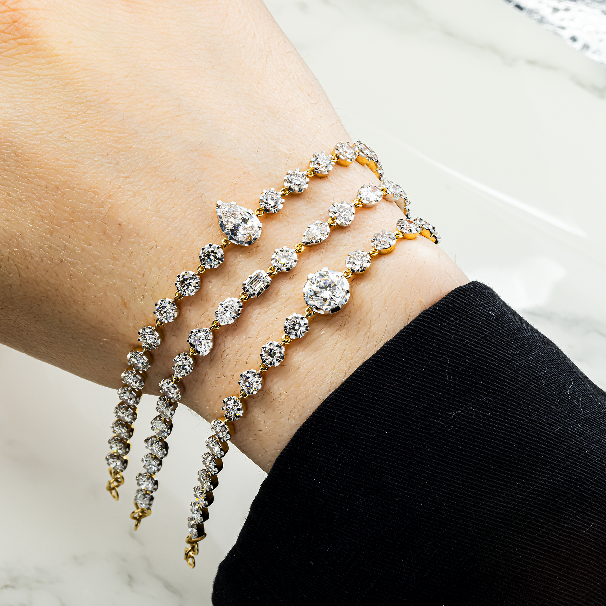14K Two Tone Pear & Round Cut Diamond Satellite Bracelet 5.75ct