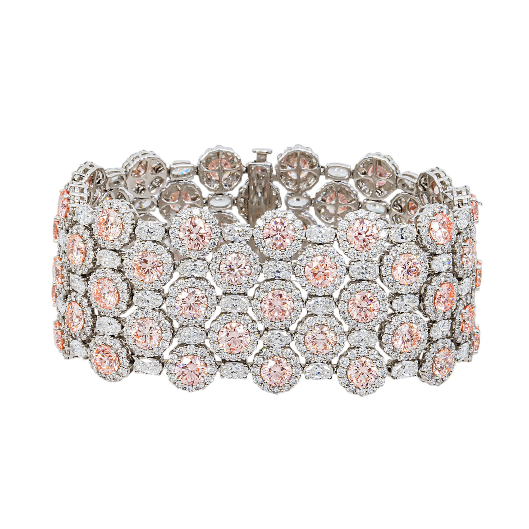 18K White Gold Five Row Fancy Pink & White Round Diamond Bracelet 61.30ctw
