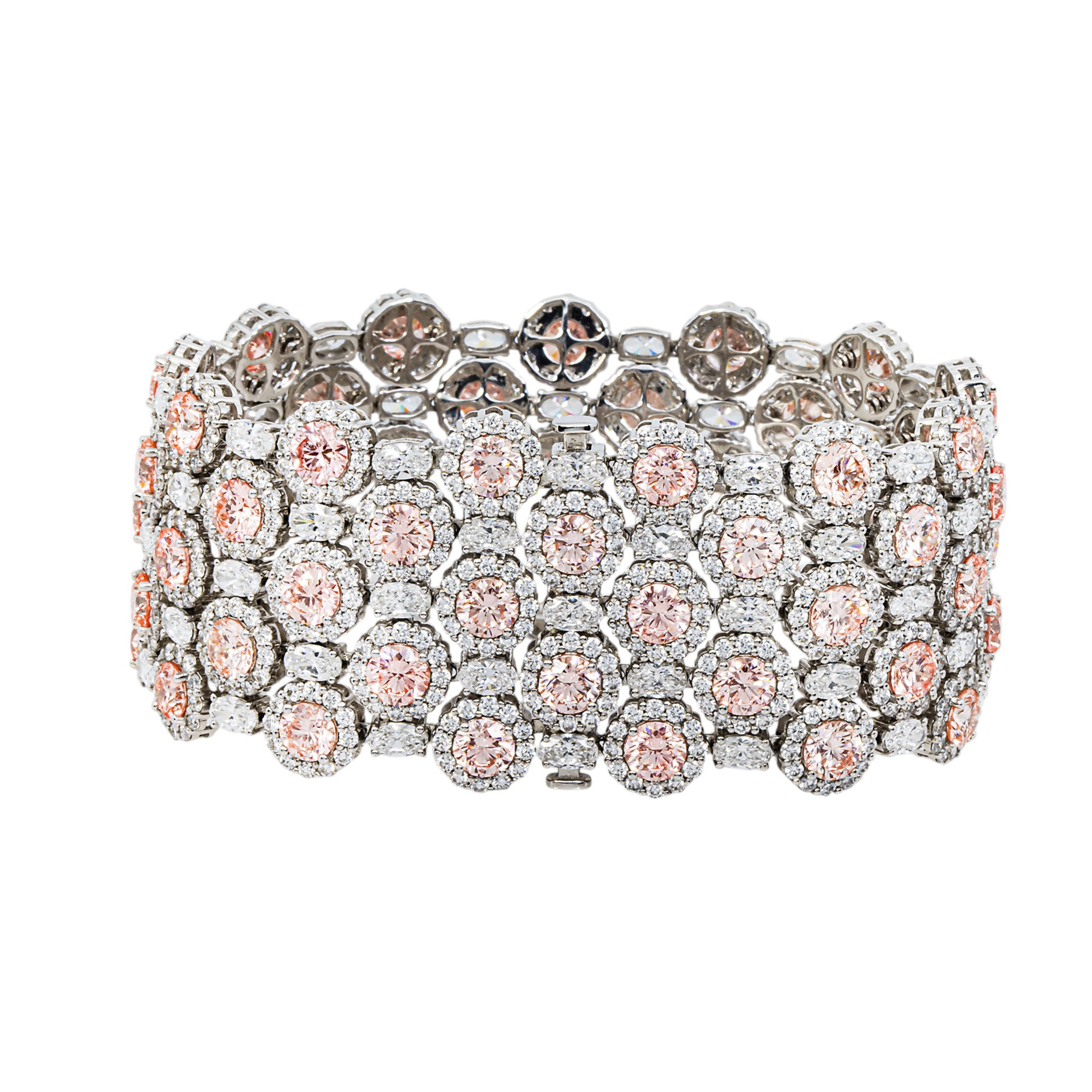 18K White Gold Five Row Fancy Pink & White Round Diamond Bracelet 61.30ctw