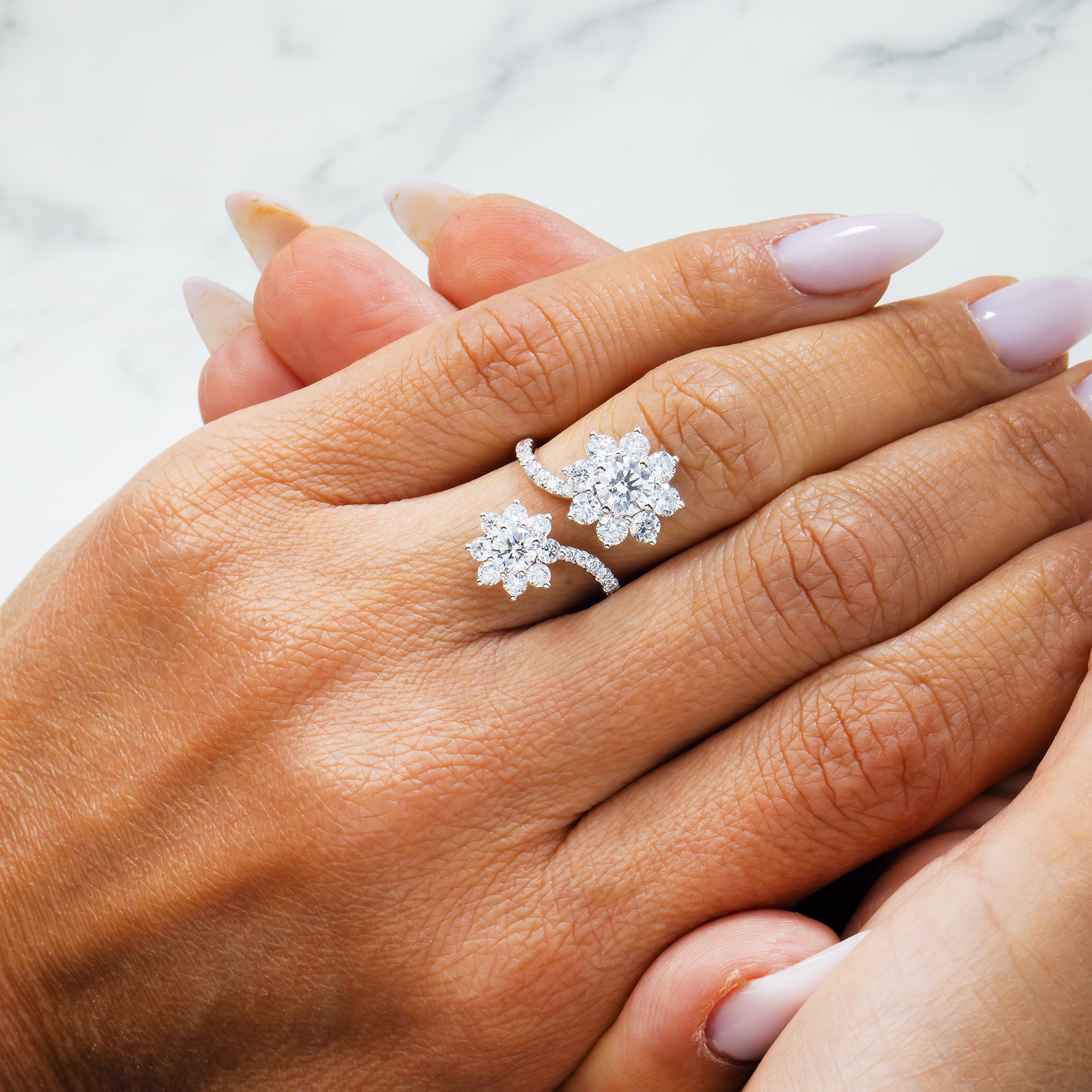 White Gold Round Diamond Flower Bypass Wrap Ring 2.84ctw