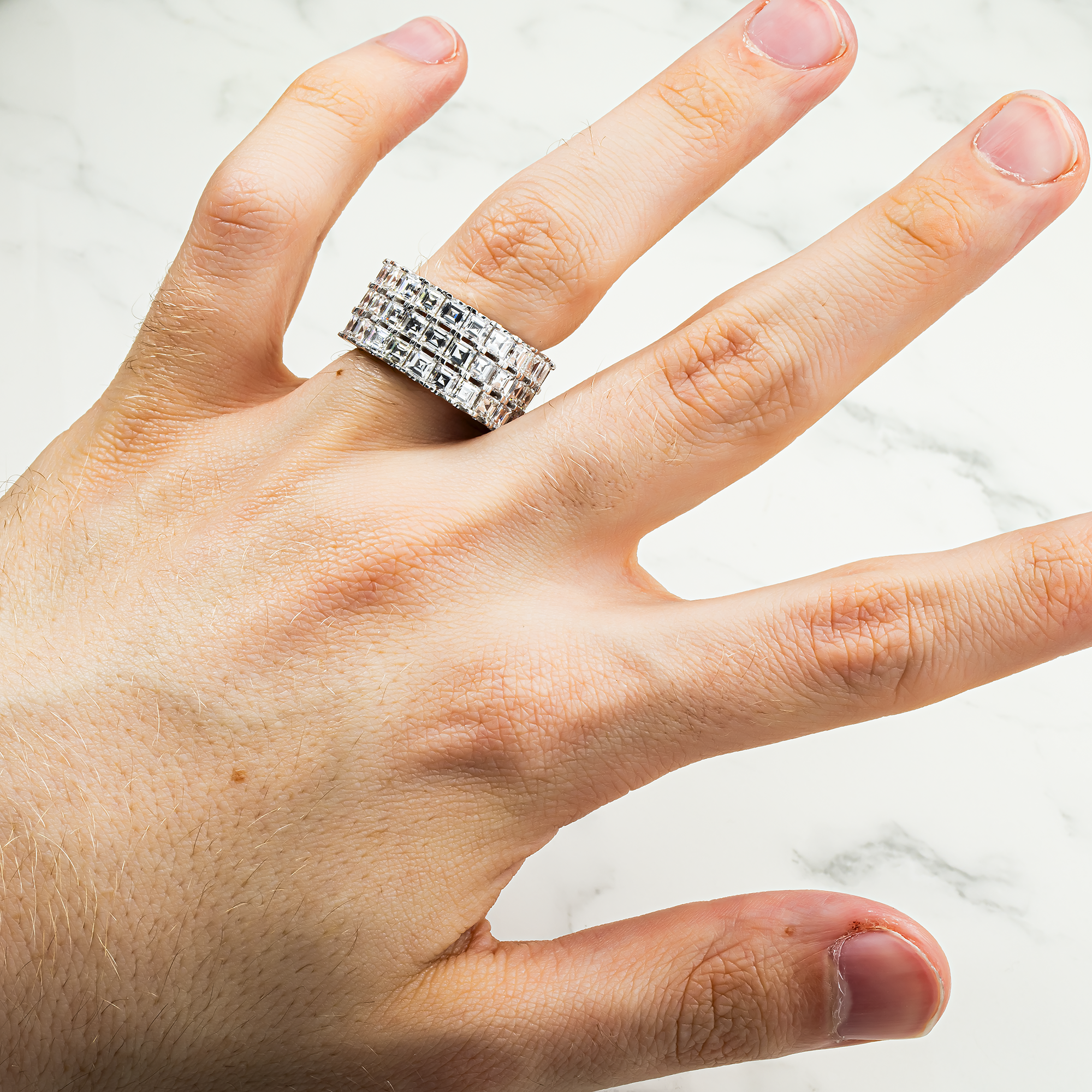 18K White Gold Triple Row Asscher Cut Diamond Eternity Ring 12.18ct (Size: 8.5)