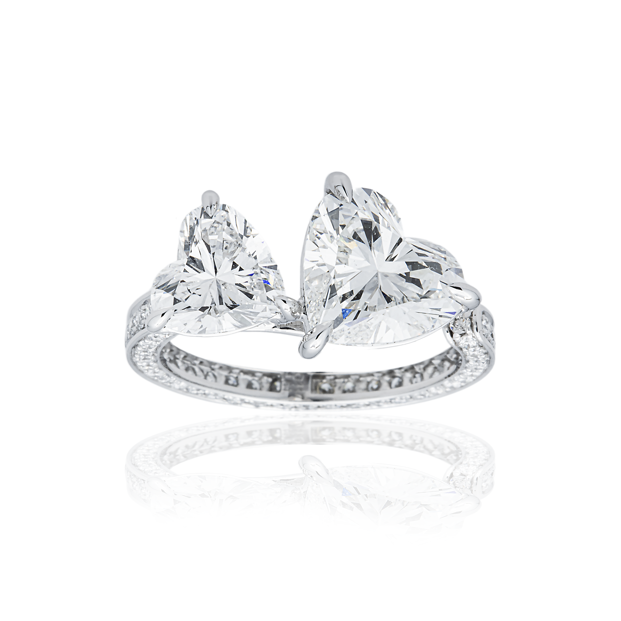 White Gold Double Heart & Round Diamond Cuff Ring 5.49ctw