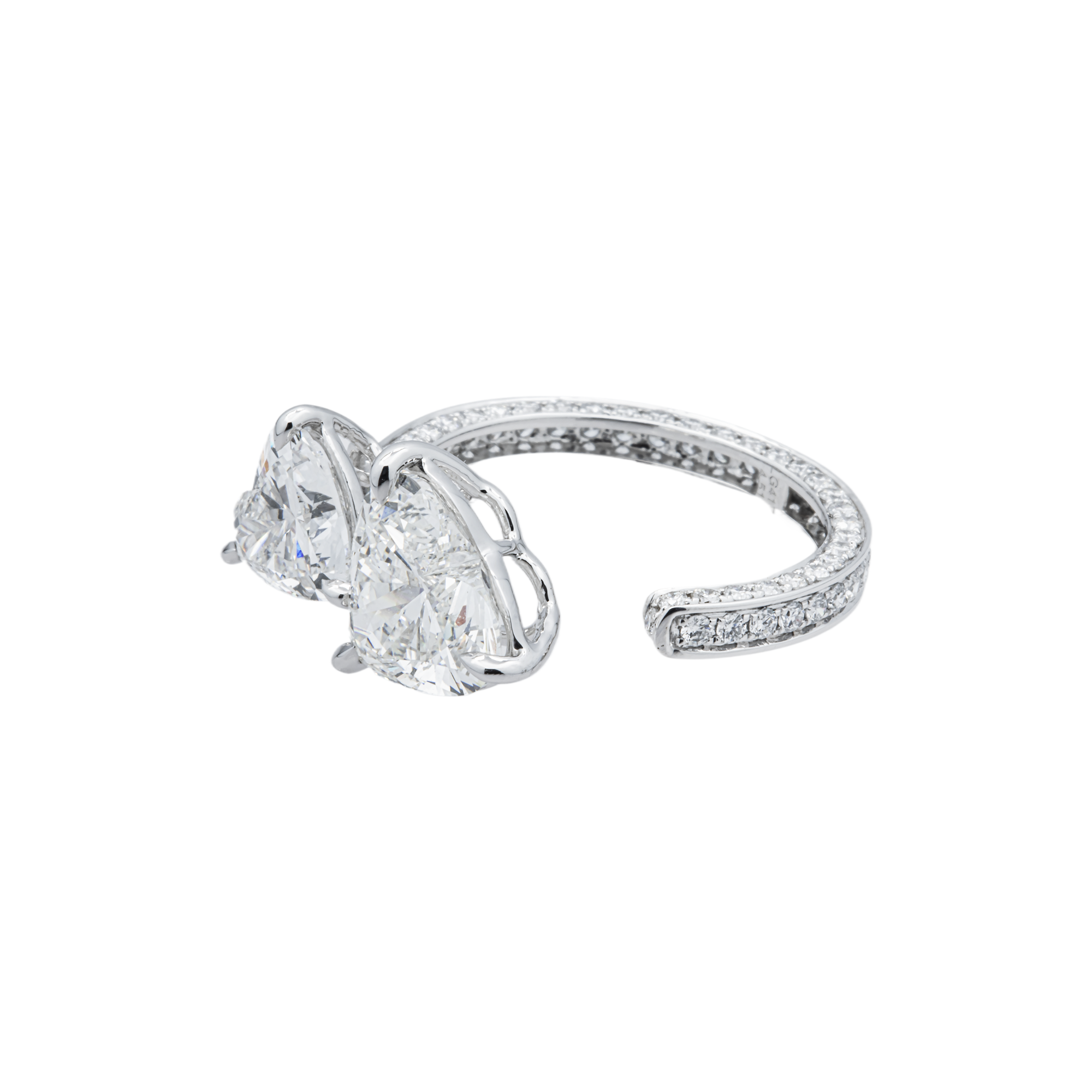 White Gold Double Heart & Round Diamond Cuff Ring 5.49ctw