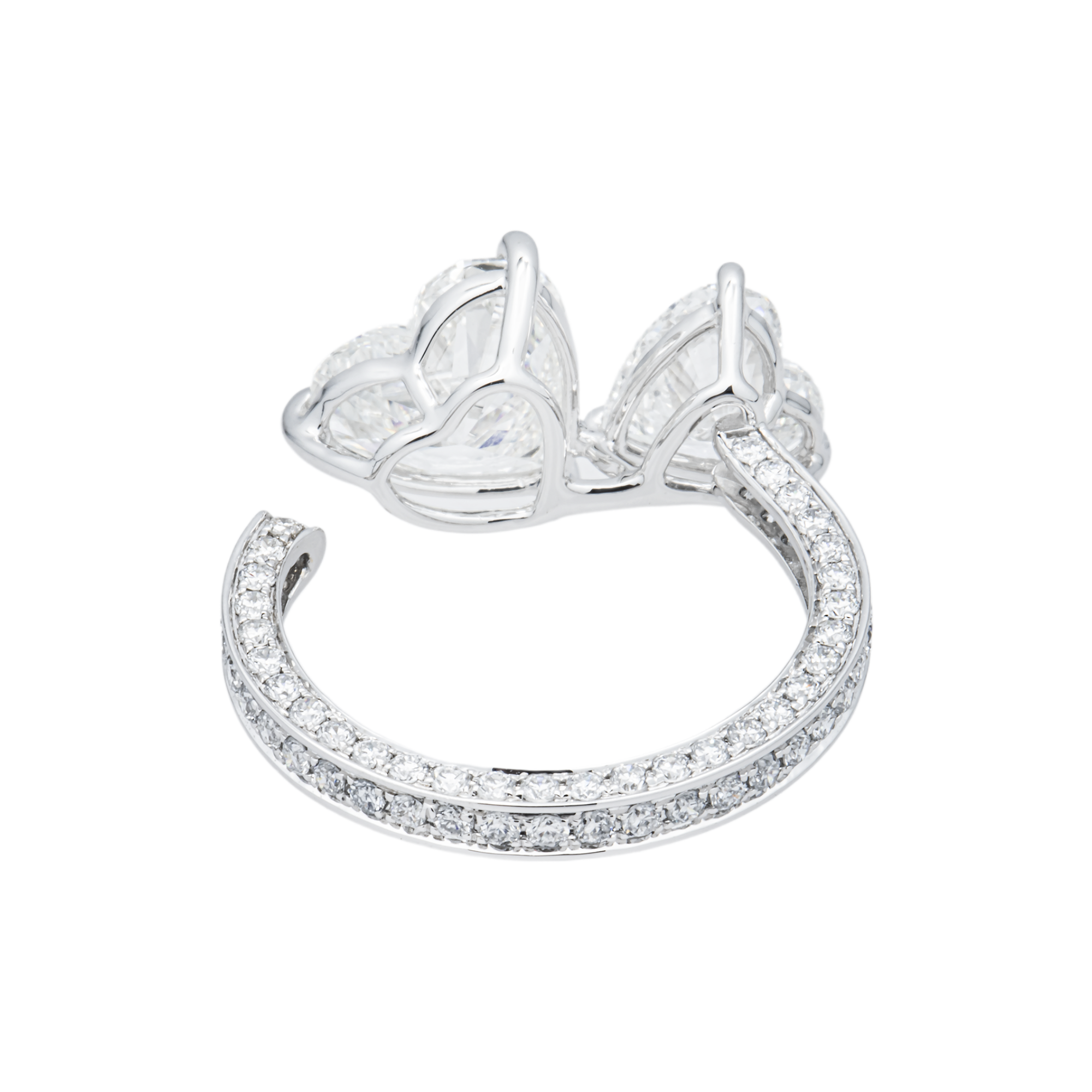 White Gold Double Heart & Round Diamond Cuff Ring 5.49ctw