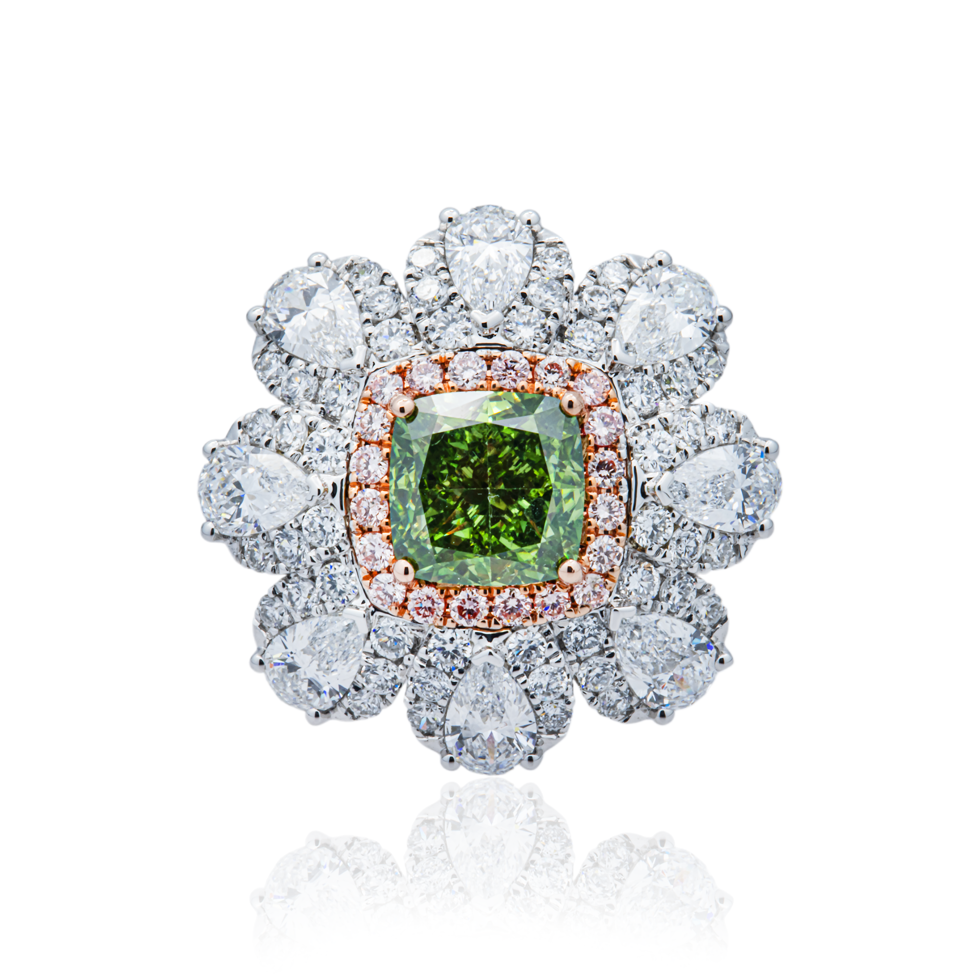 White Gold Cushion Fancy Green & White Diamond Flower Ring 4.60ctw