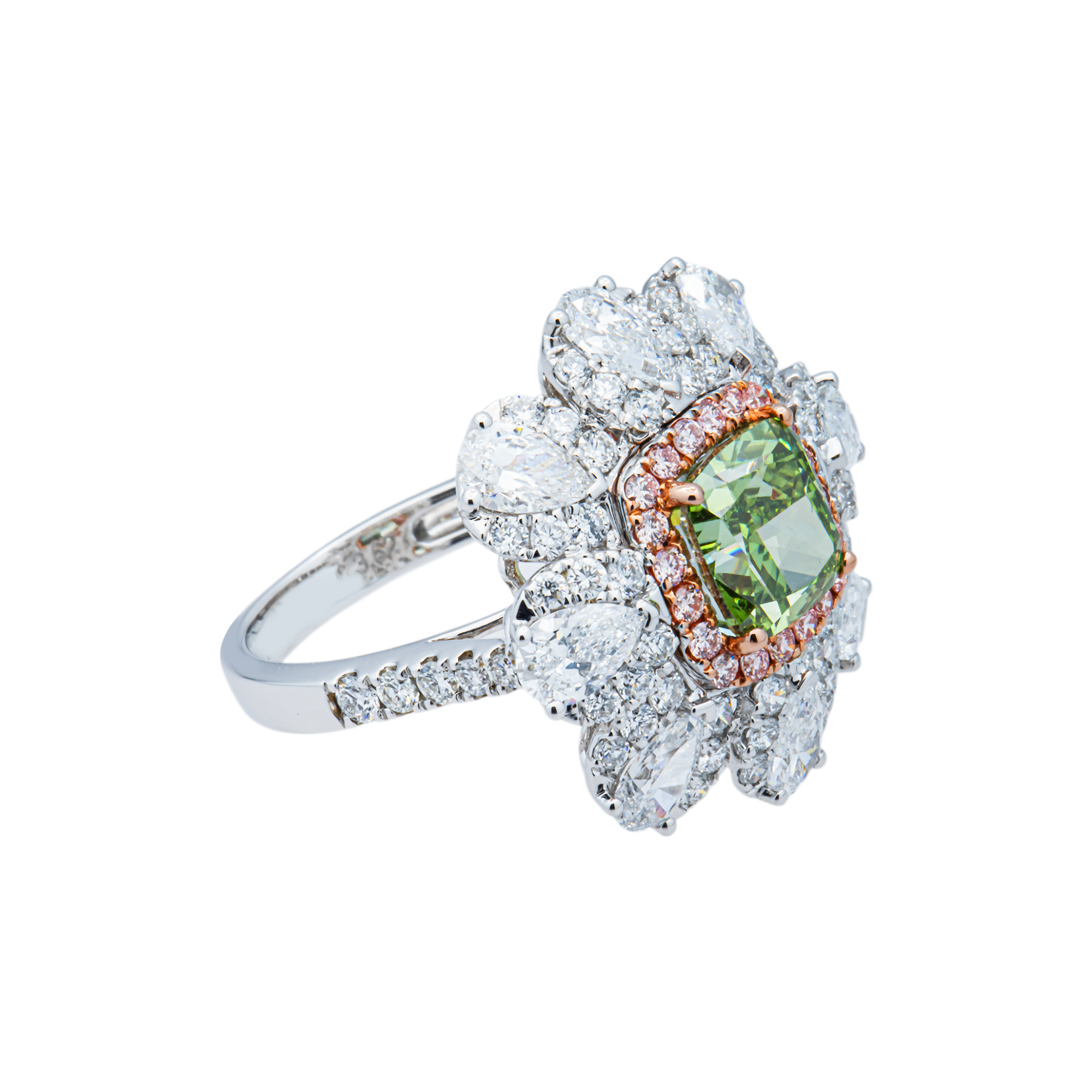 White Gold Cushion Fancy Green & White Diamond Flower Ring 4.60ctw