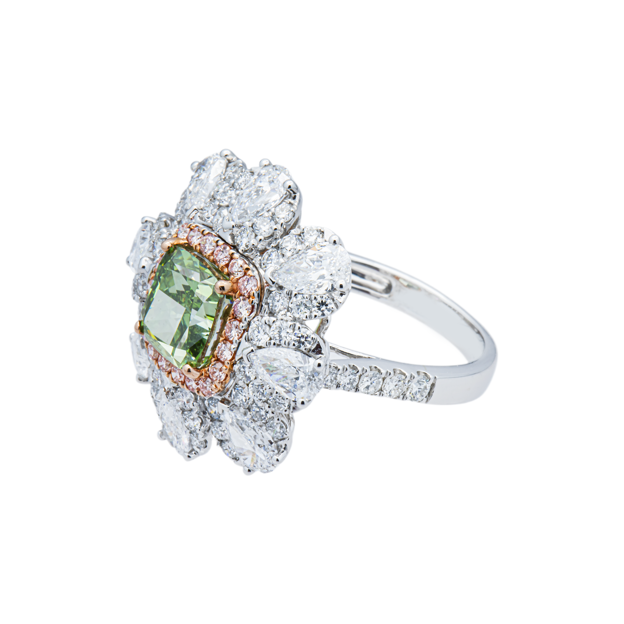 White Gold Cushion Fancy Green & White Diamond Flower Ring 4.60ctw