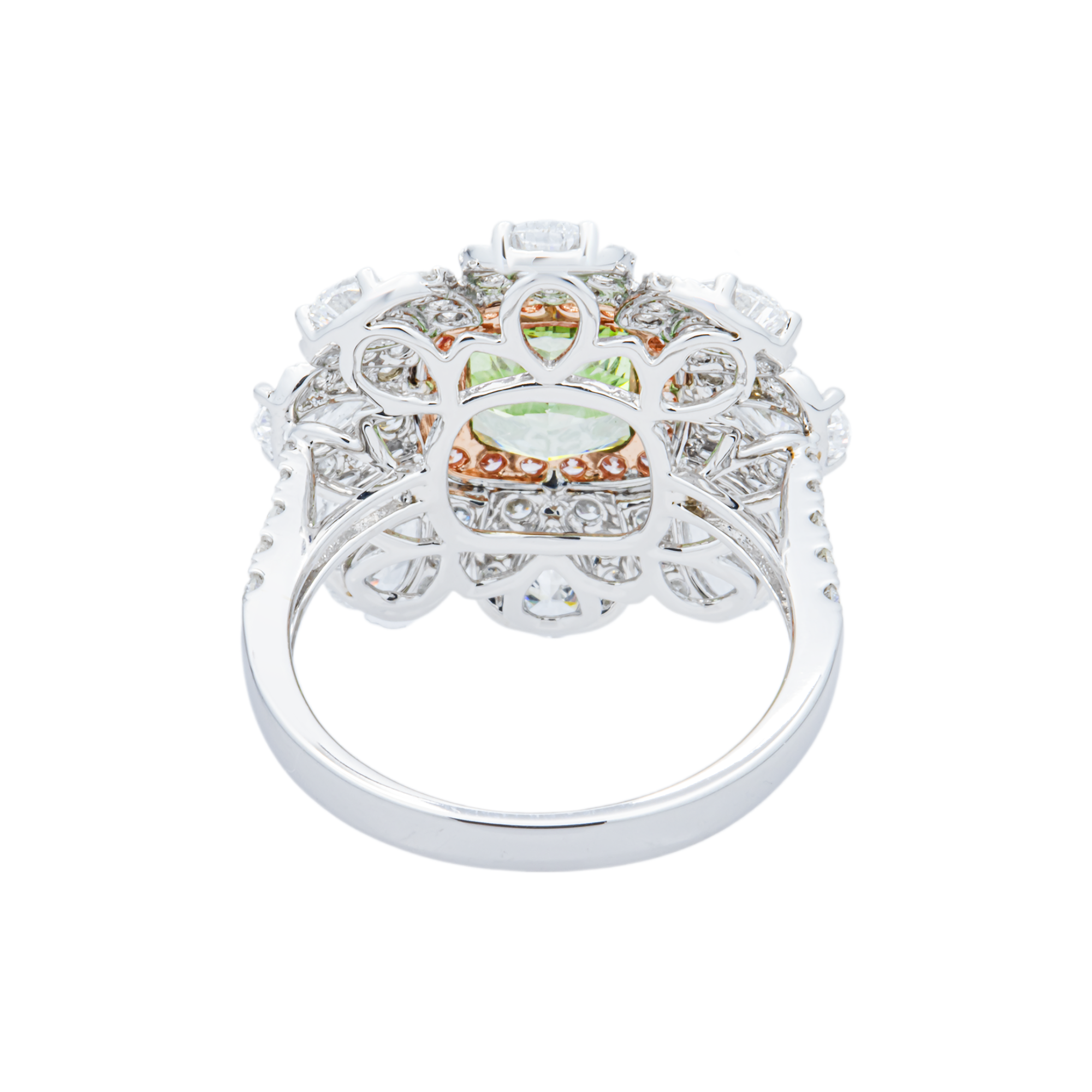White Gold Cushion Fancy Green & White Diamond Flower Ring 4.60ctw
