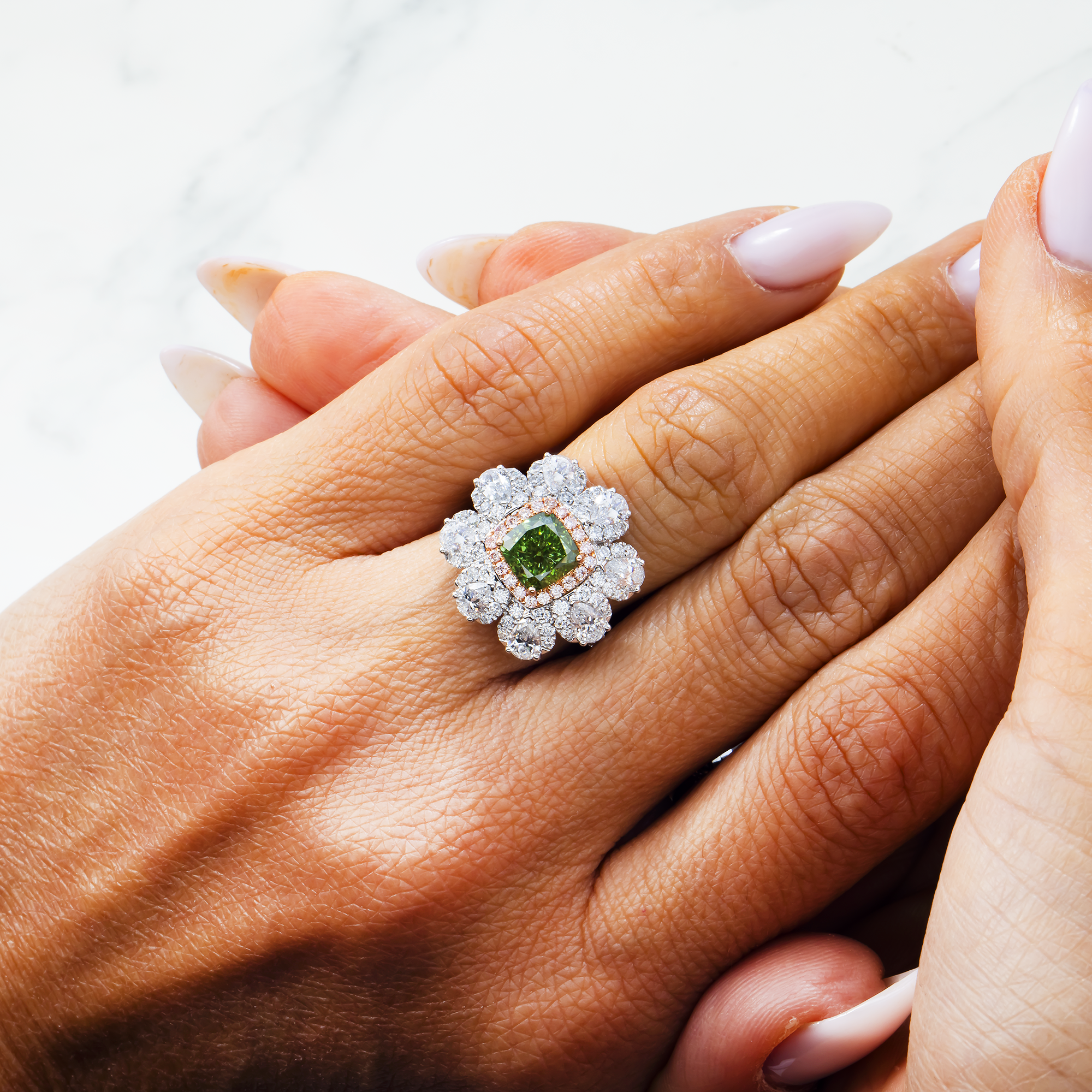 White Gold Cushion Fancy Green & White Diamond Flower Ring 4.60ctw