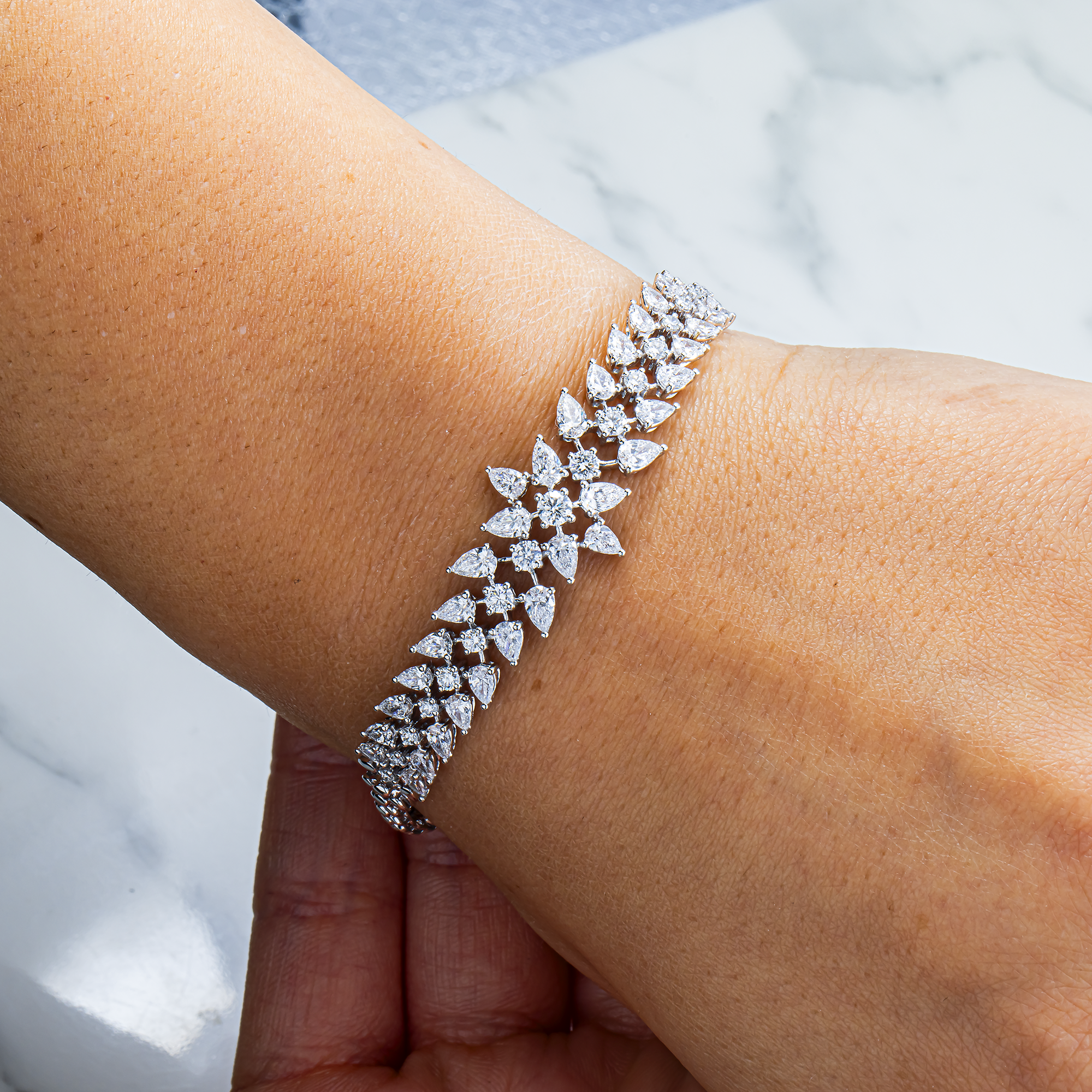 White Gold Pear & Round Diamond Flower Bracelet 4.07ct