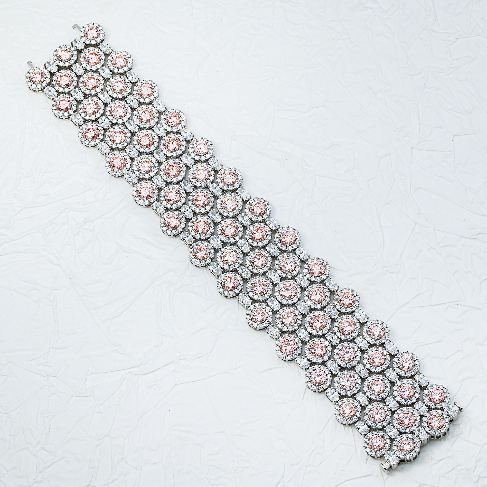 18K White Gold Five Row Fancy Pink & White Round Diamond Bracelet 61.30ctw
