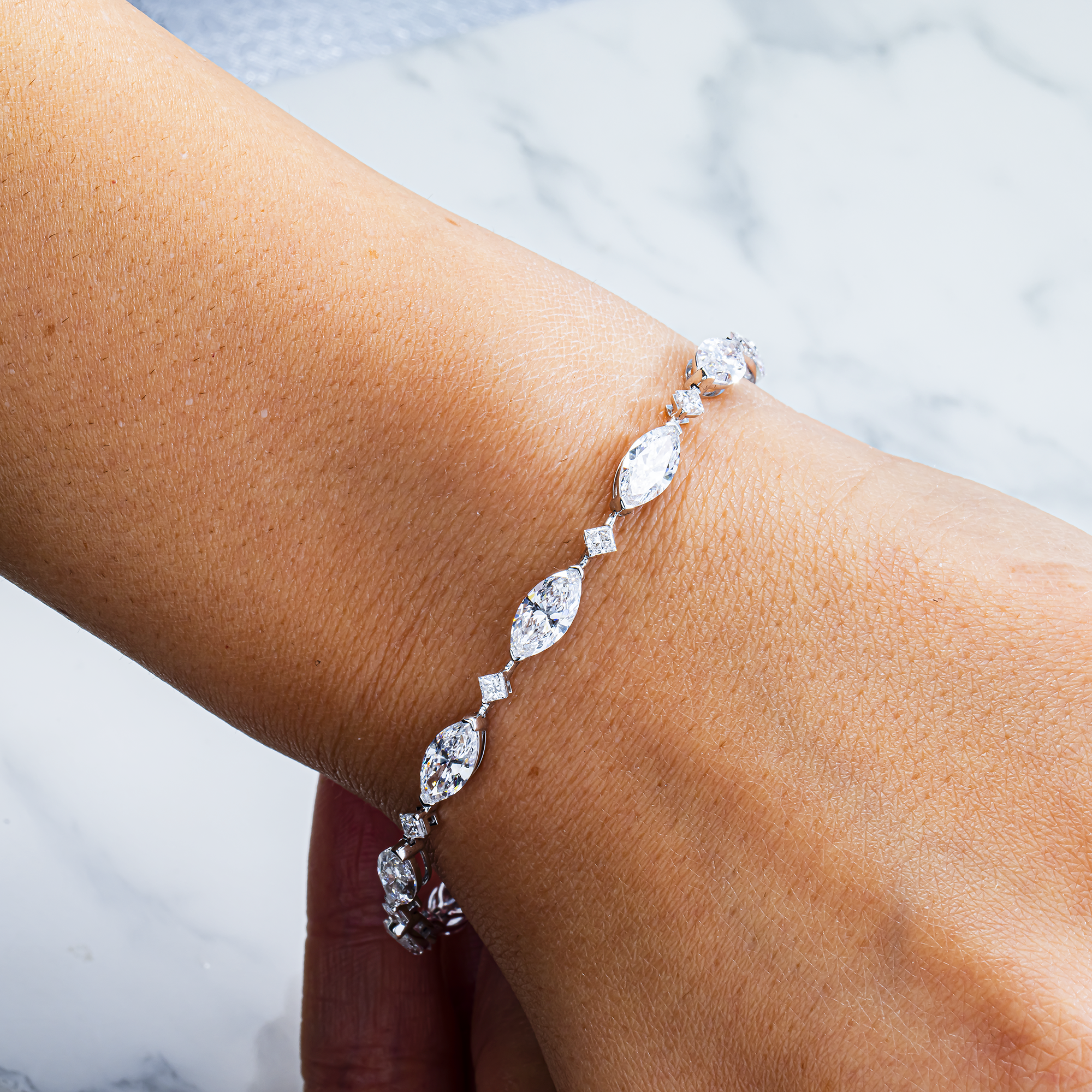 14K White Gold Marquise & Princess Diamond Satellite Bracelet 9.12ct