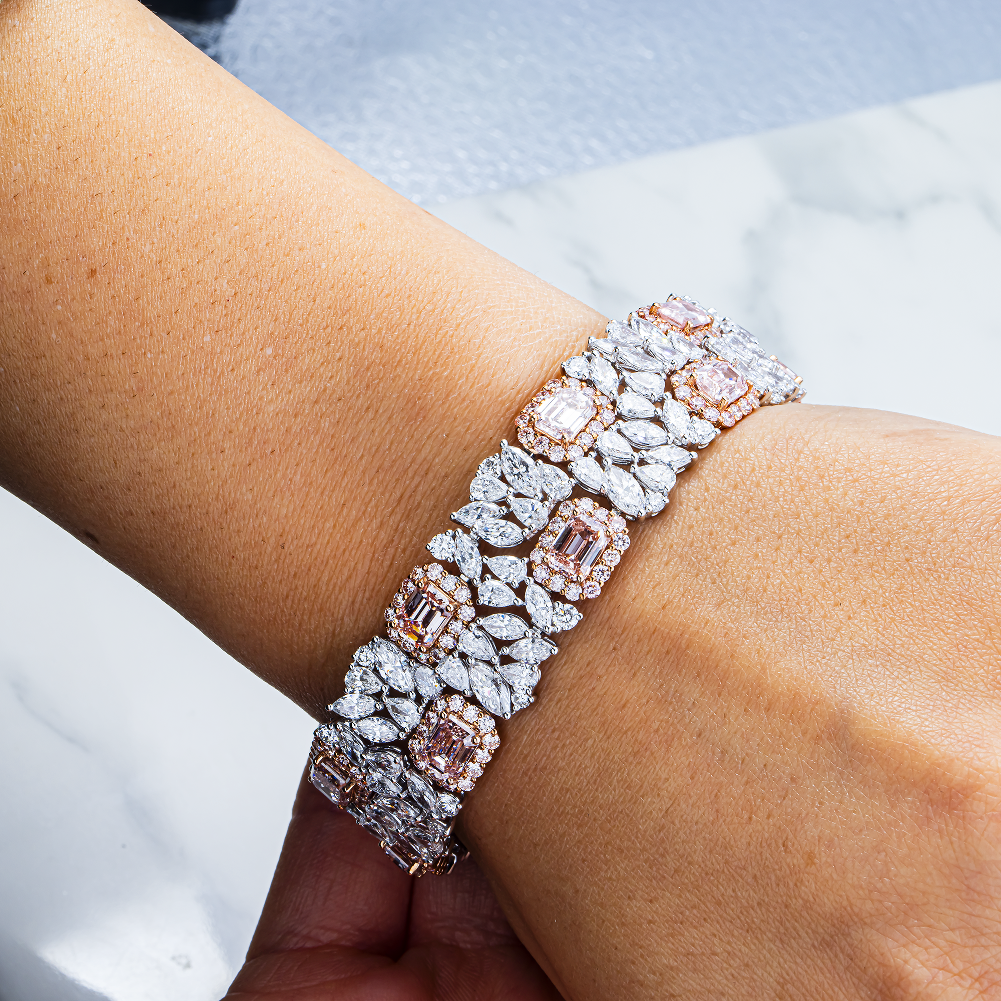 Garden Of Roses - White Gold Fancy Pink & White Diamond Bracelet 38.98ctw