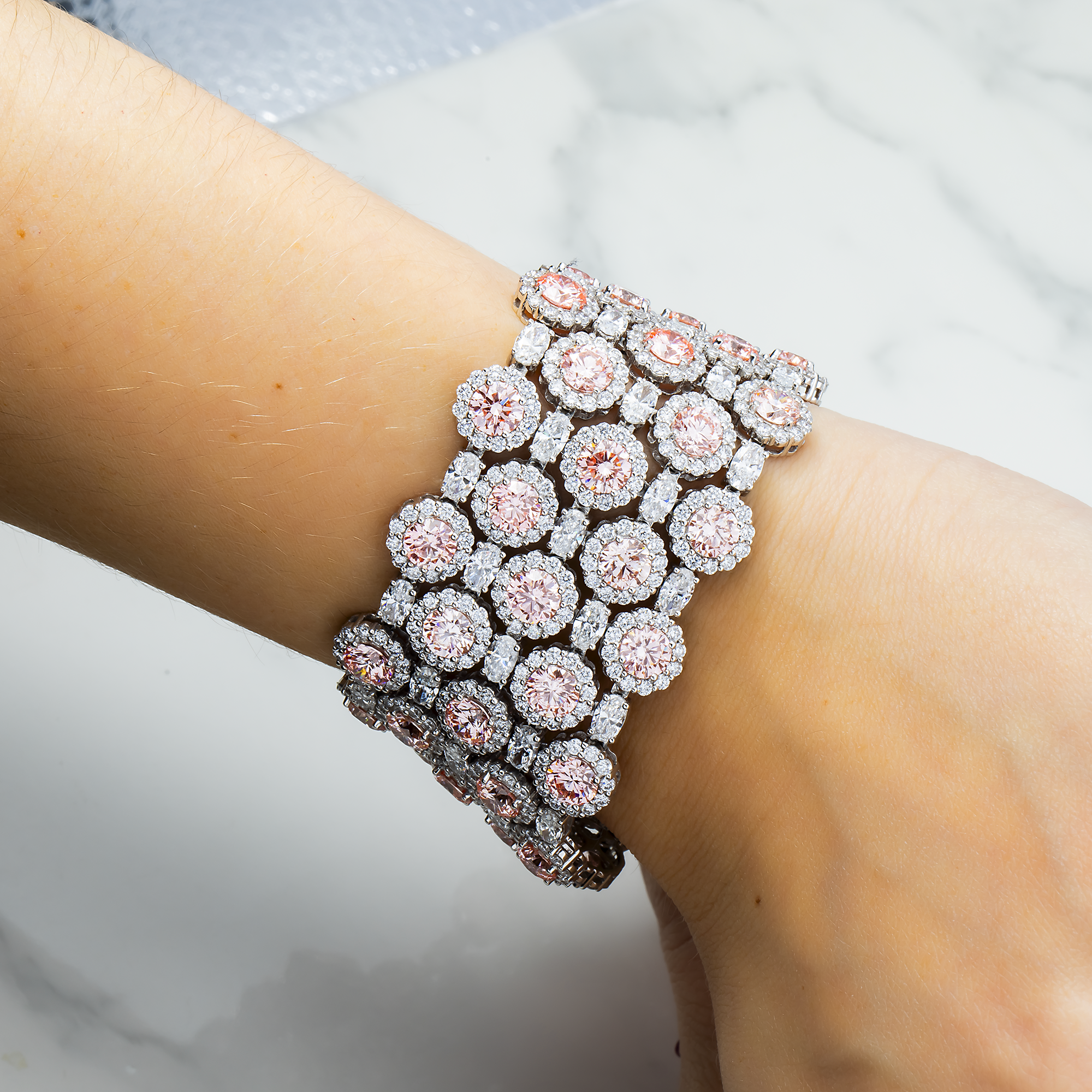 18K White Gold Five Row Fancy Pink & White Round Diamond Bracelet 61.30ctw