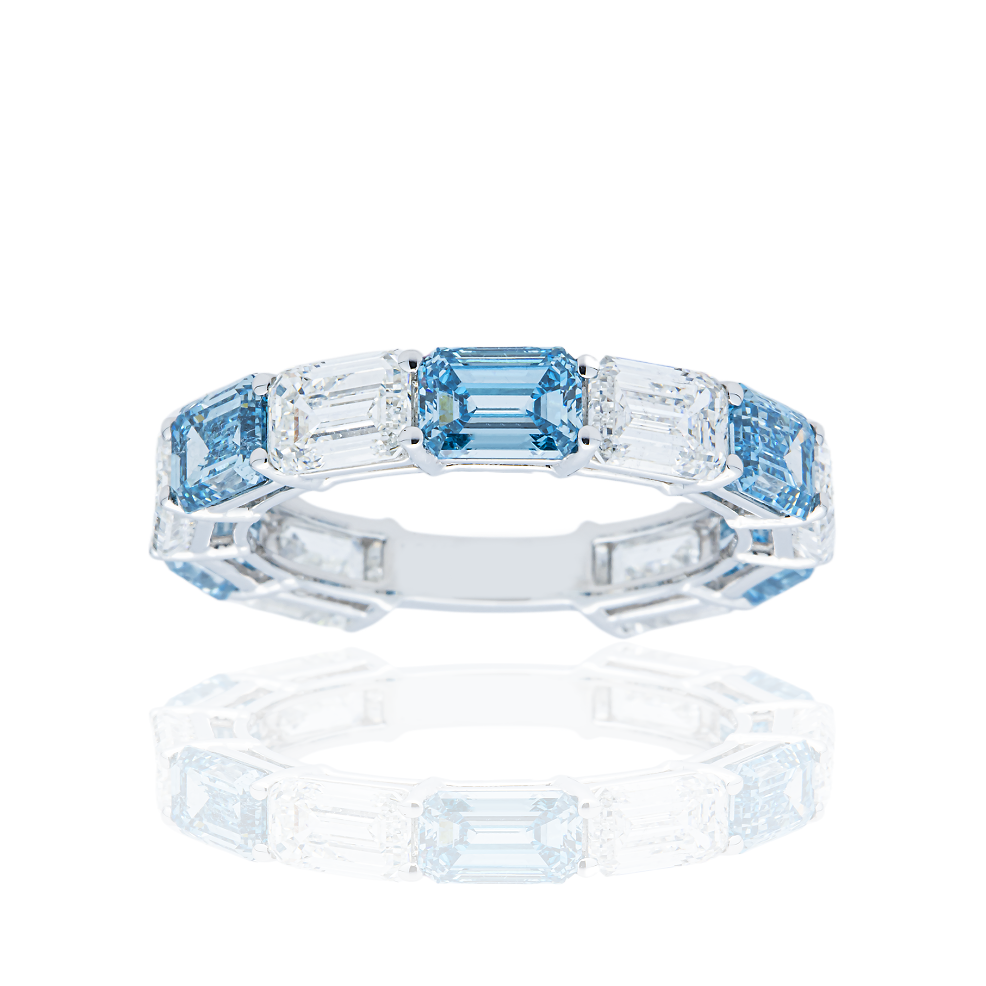 White Gold Fancy Blue & White Emerald Diamond Eternity Ring 5.97ctw