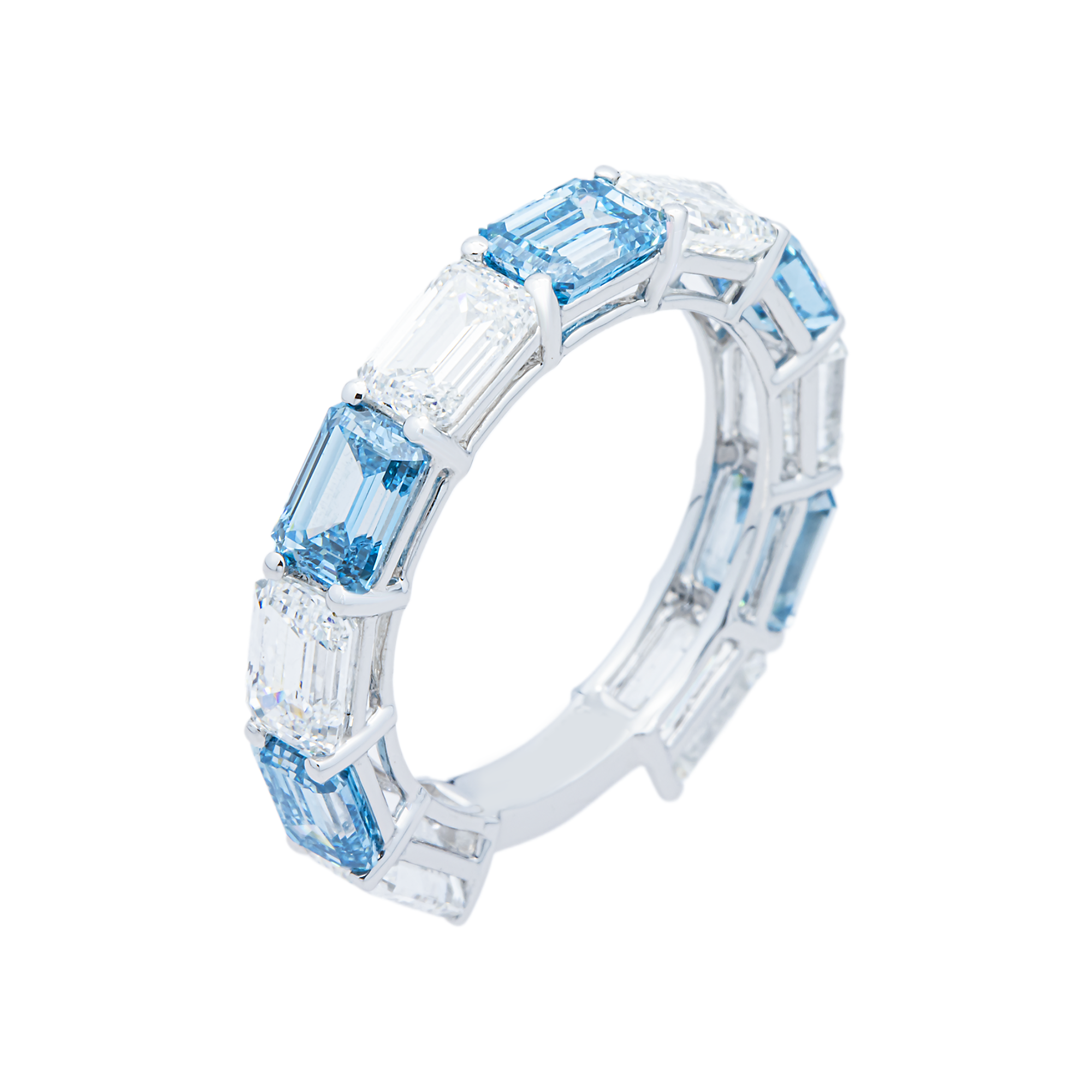 White Gold Fancy Blue & White Emerald Diamond Eternity Ring 5.97ctw