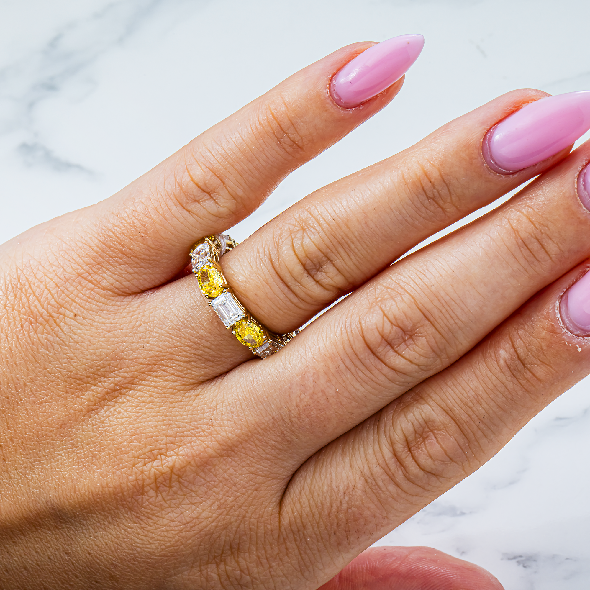 Yellow Gold Fancy Yellow & White Emerald Diamond Eternity Ring 4.91ctw
