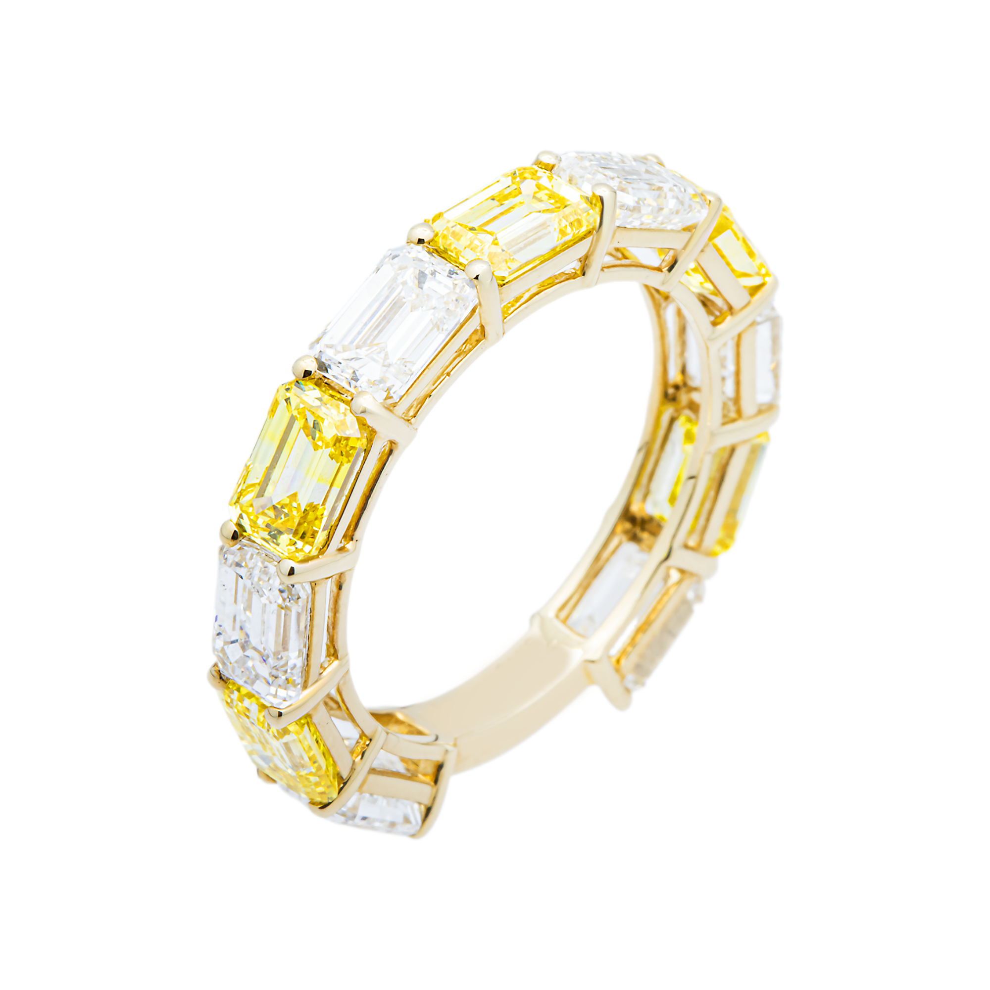 Yellow Gold Fancy Yellow & White Emerald Diamond Eternity Ring 4.91ctw